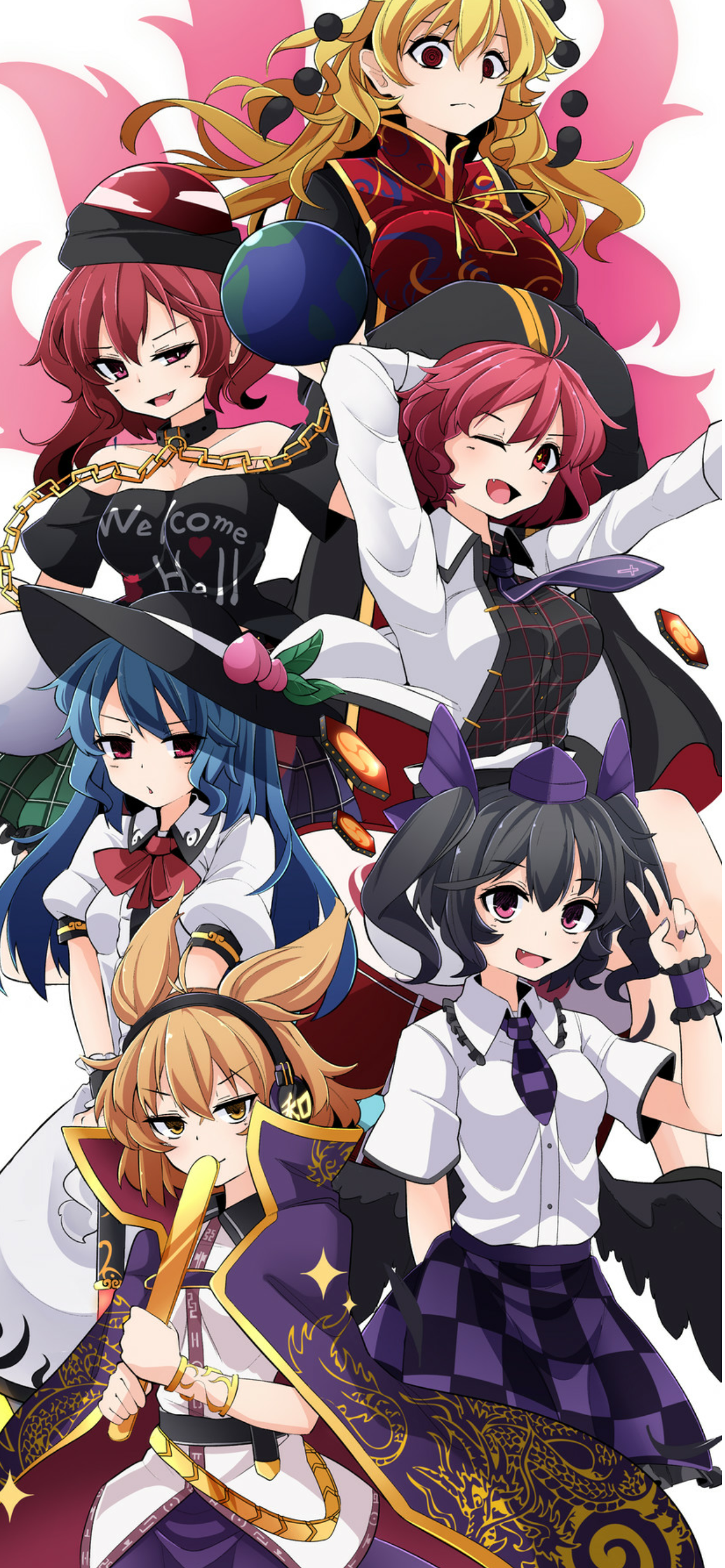 Anime Touhou, Hatate Himekaidou, Tenshi Hinanawi, Hecatia Lapislazuli, Junko (Touhou), Raiko Horikawa, 1242x2688, Phone HD Wallpaper