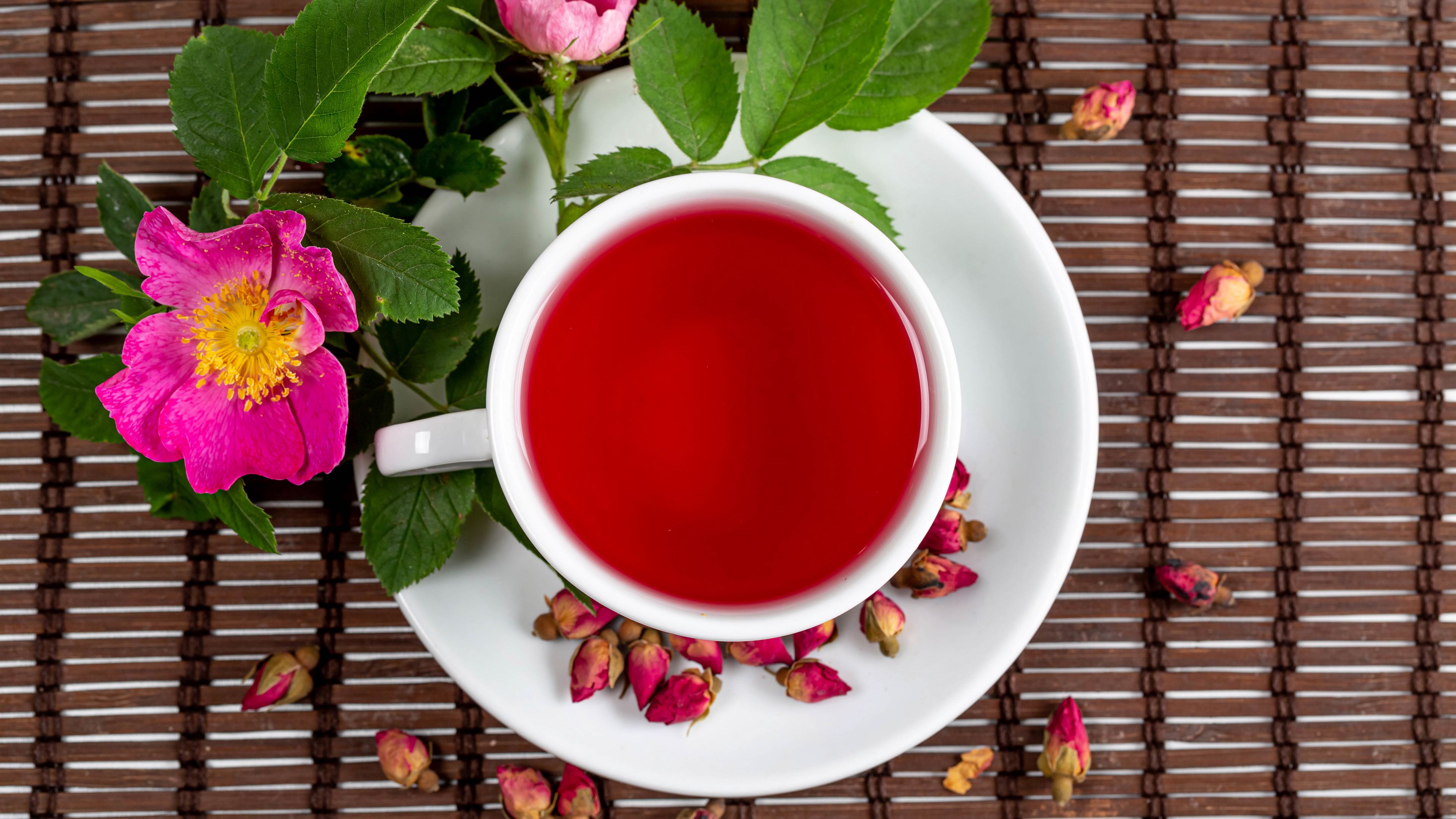 cup, tea, rosehip, flowers, 4k, HD Wallpaper