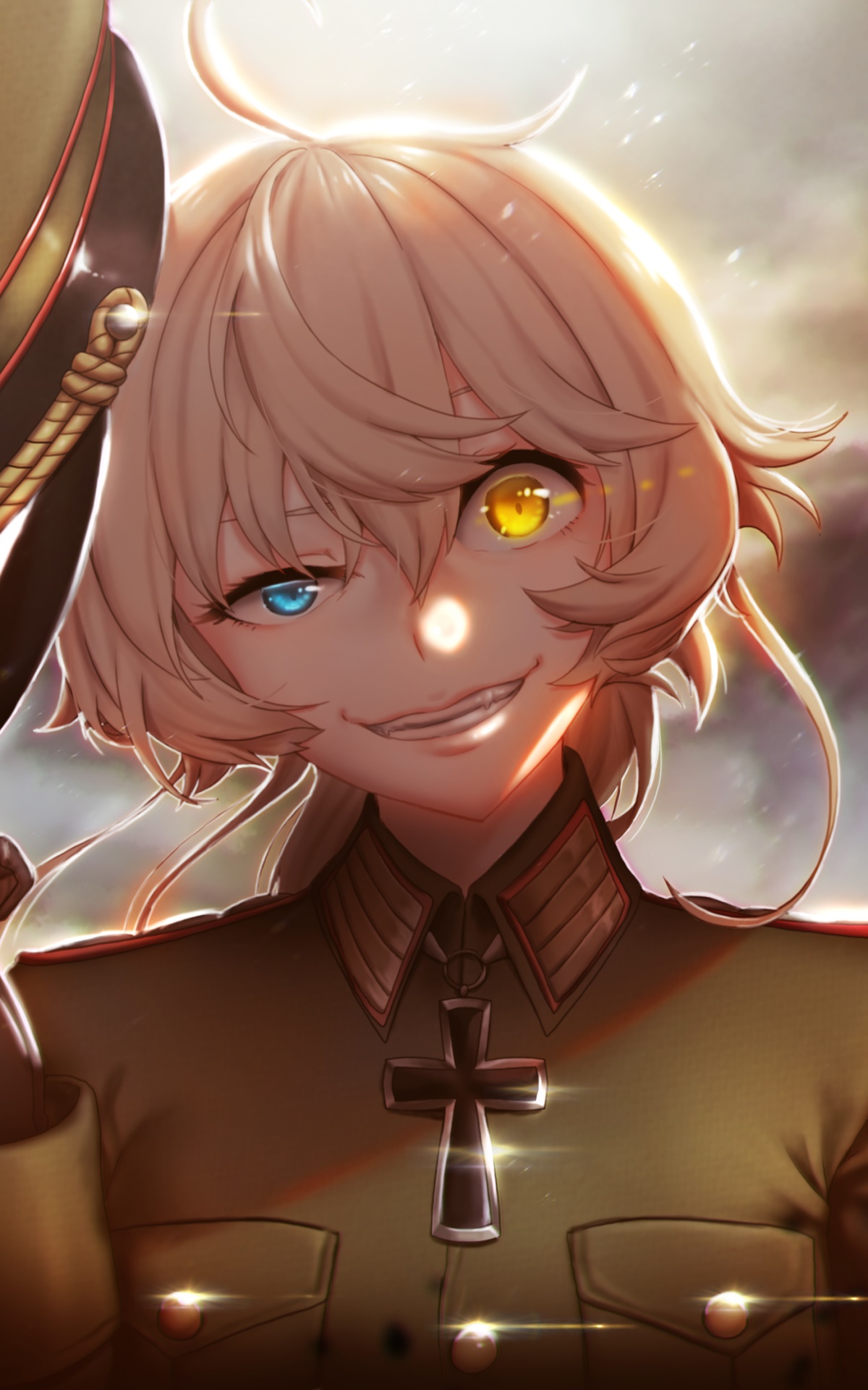 Anime Youjo Senki, Smile, Heterochromia, Military Uniform, Hat, Blonde, 1200x1920, Phone HD Wallpaper