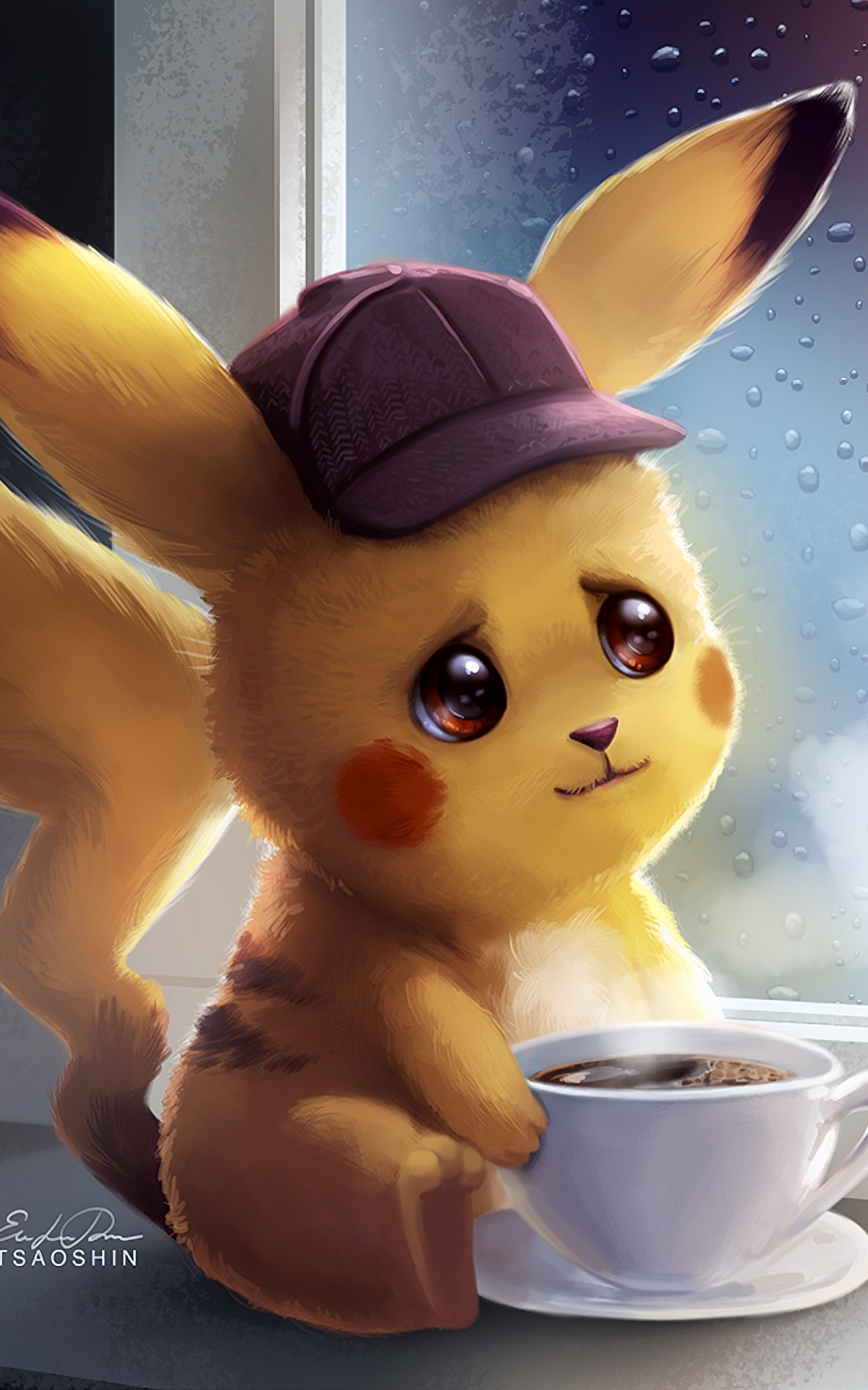 Movie Pokémon Detective Pikachu, Hat, Coffee, Cup, Pikachu, Pokémon, 1200x1920, Phone HD Wallpaper