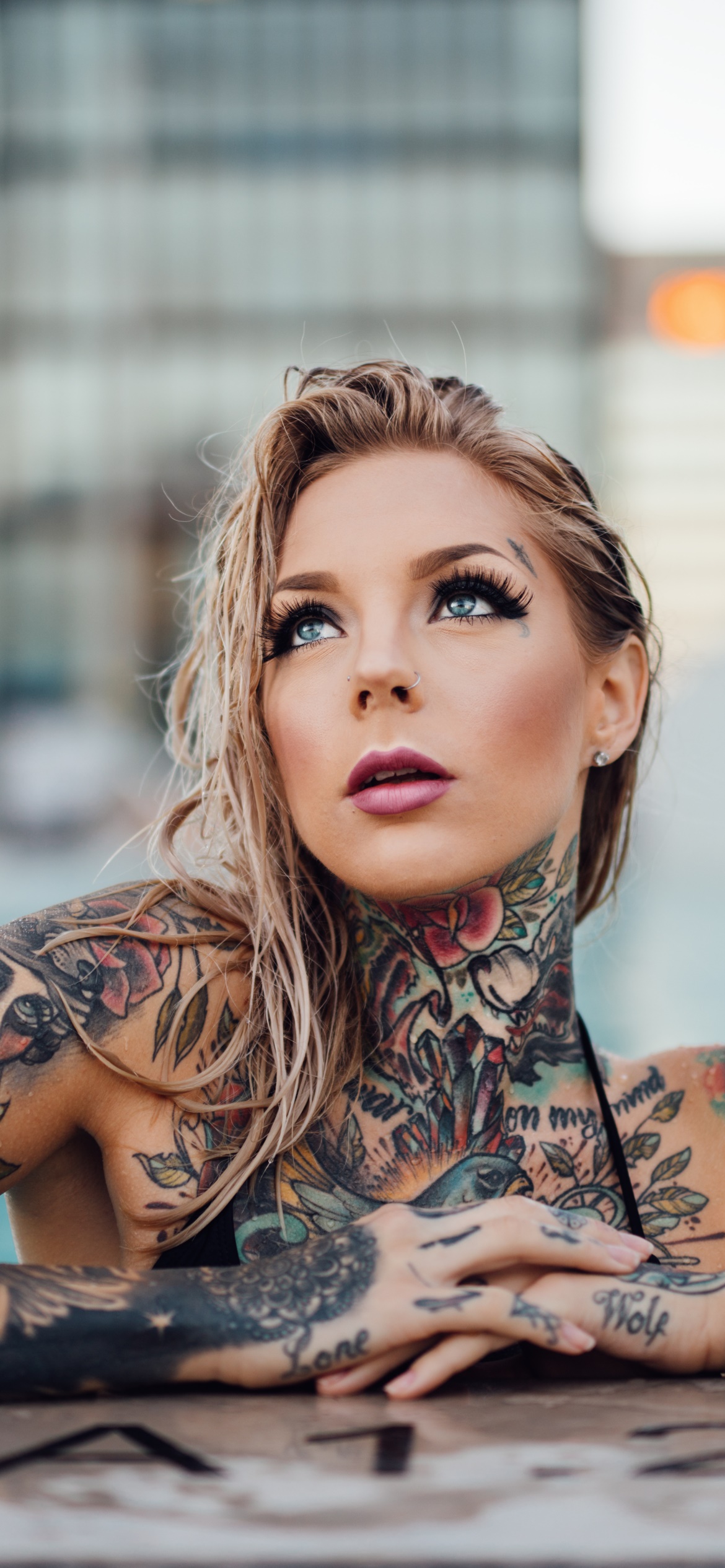 Women Tattoo, Blonde, Blue Eyes, Model, 1170x2532, Phone HD Wallpaper