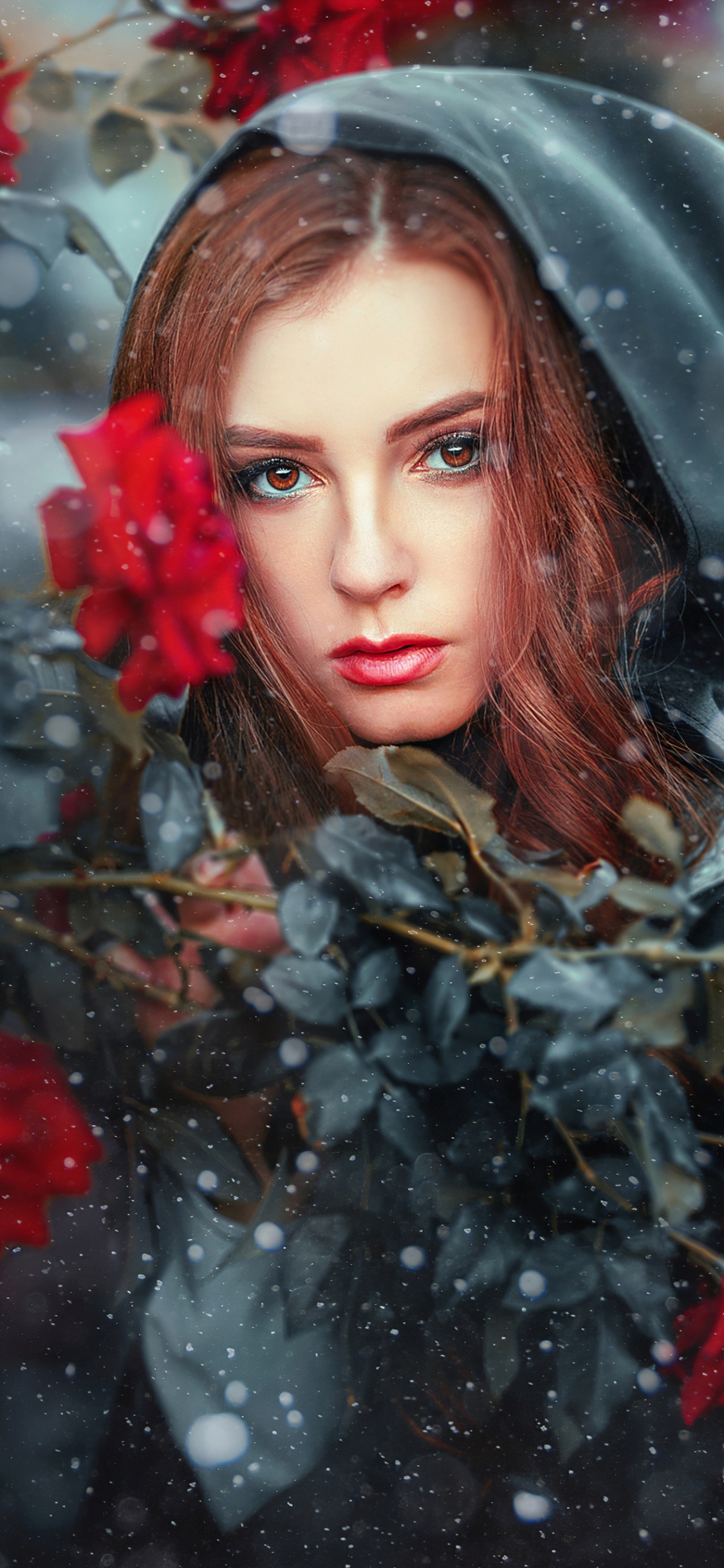 Women Model, Lipstick, Red Flower, Hood, Brown Eyes, Redhead, 1125x2436, Phone HD Wallpaper