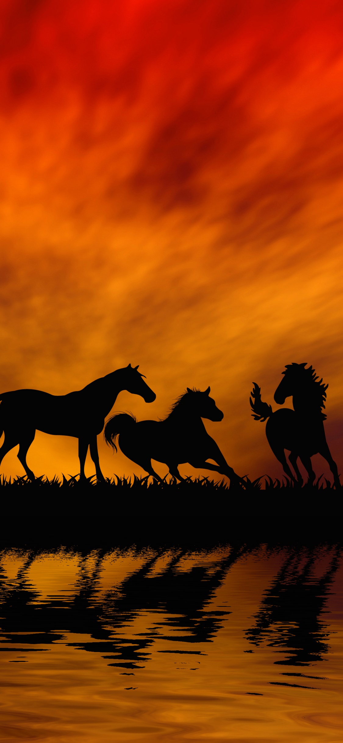 Animal Horse, Sunset, Reflection, Silhouette, Orange (Color), 1125x2436, Phone HD Wallpaper