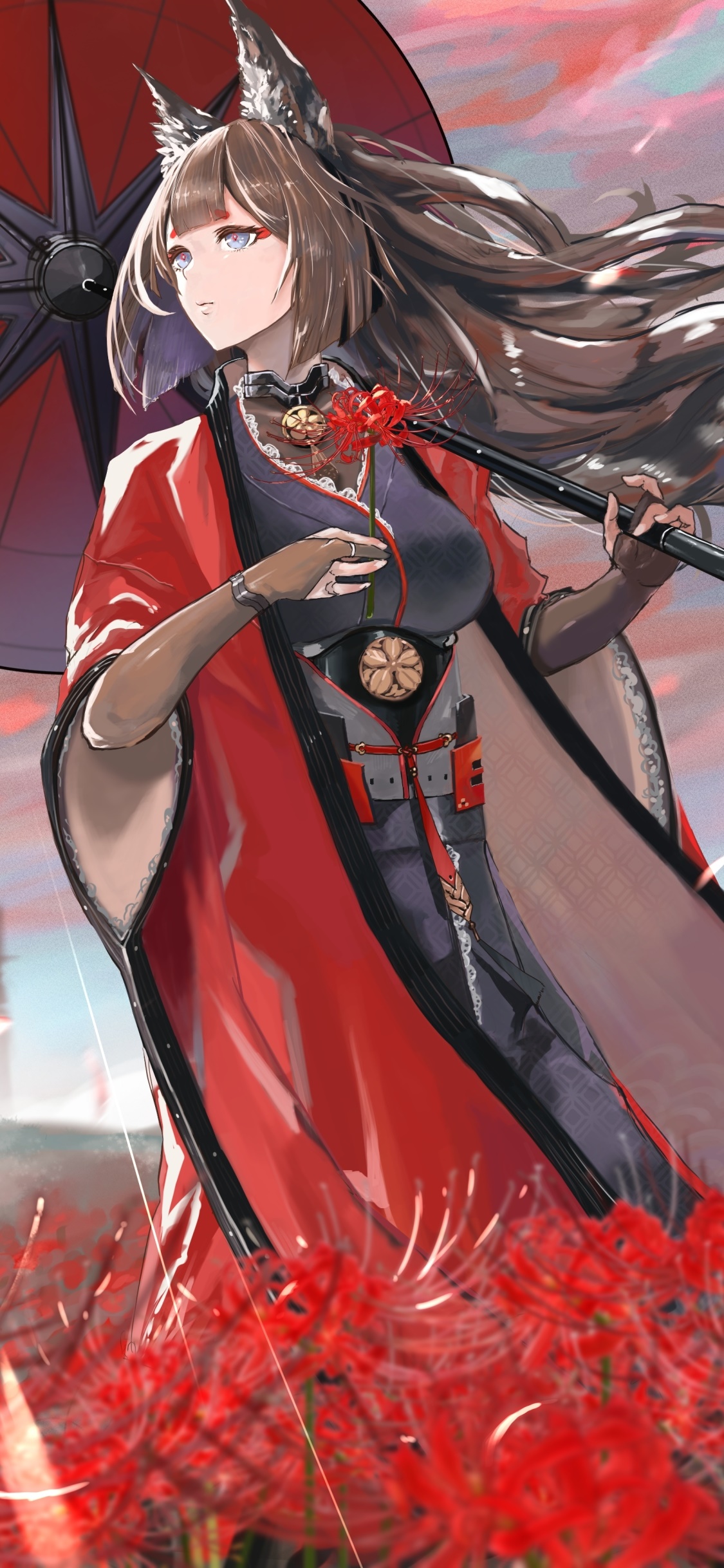 Anime Azur Lane, Flower, Kimono, Amagi (Azur Lane), Animal Ears, Blue Eyes, 1125x2436, Phone HD Wallpaper