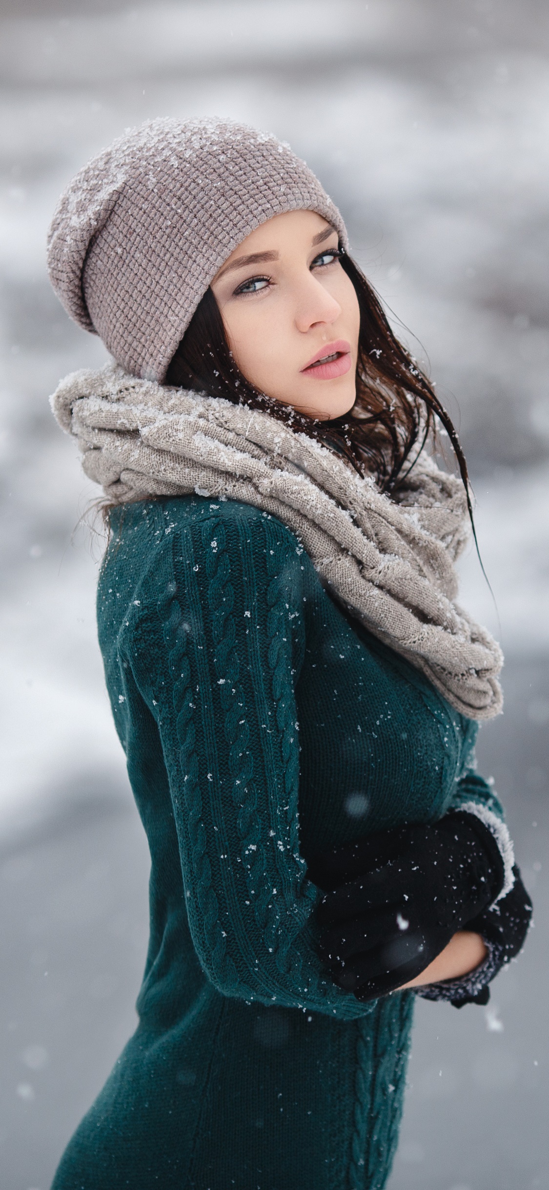 Women Angelina Petrova, Model, Snowfall, Winter, Scarf, Hat, 1125x2436, Phone HD Wallpaper