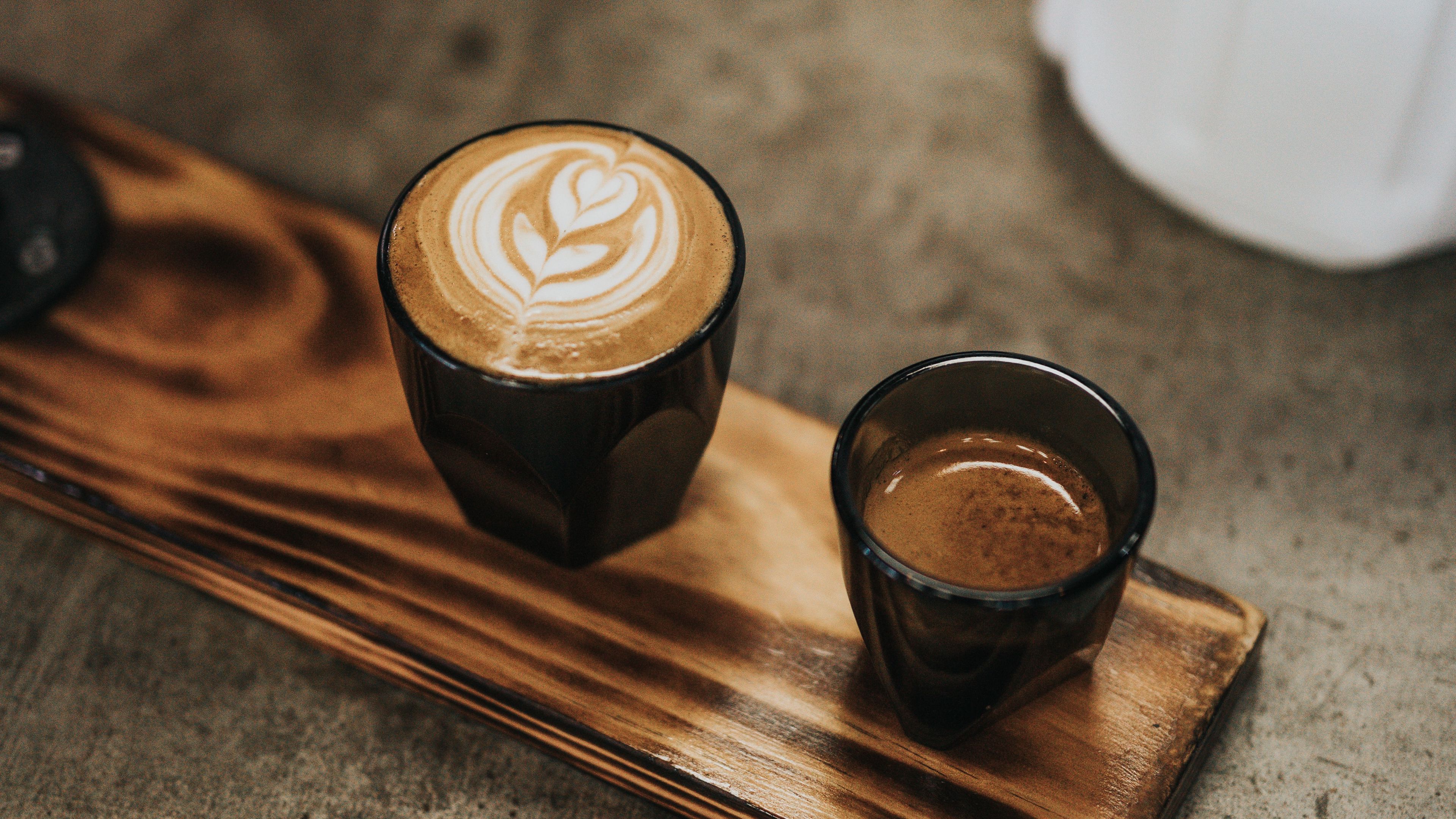 coffee, cappuccino, cup, still life, wooden, 4k, HD Wallpaper