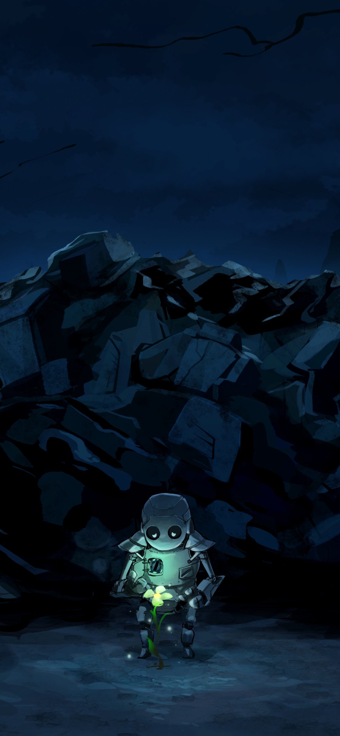 Anime Original, Robot, Night, Flower, 1125x2436, Phone HD Wallpaper
