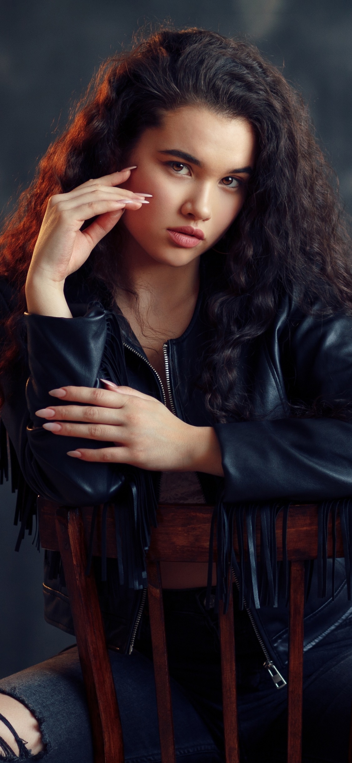 Women Model, Black Hair, Leather Jacket, 1125x2436, Phone HD Wallpaper