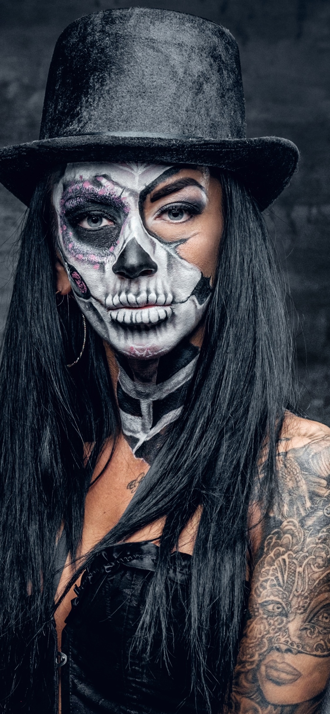 Women Tattoo, Makeup, Sugar Skull, Hat, Blue Eyes, Black Hair, 1125x2436, Phone HD Wallpaper