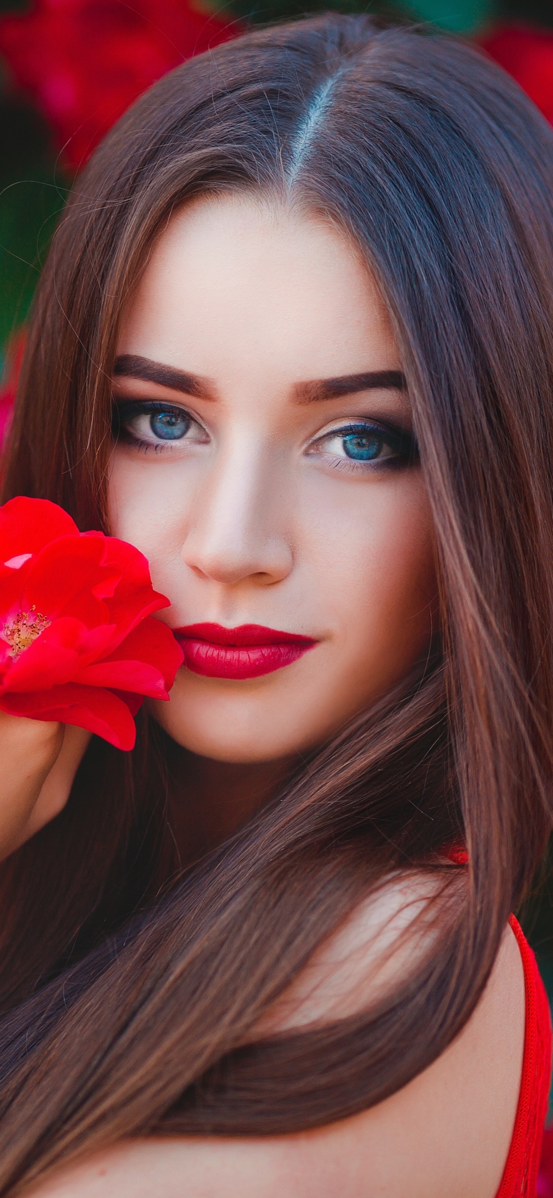 Women Model, Lipstick, Red Flower, Brunette, Blue Eyes, Long Hair, 1125x2436, Phone HD Wallpaper