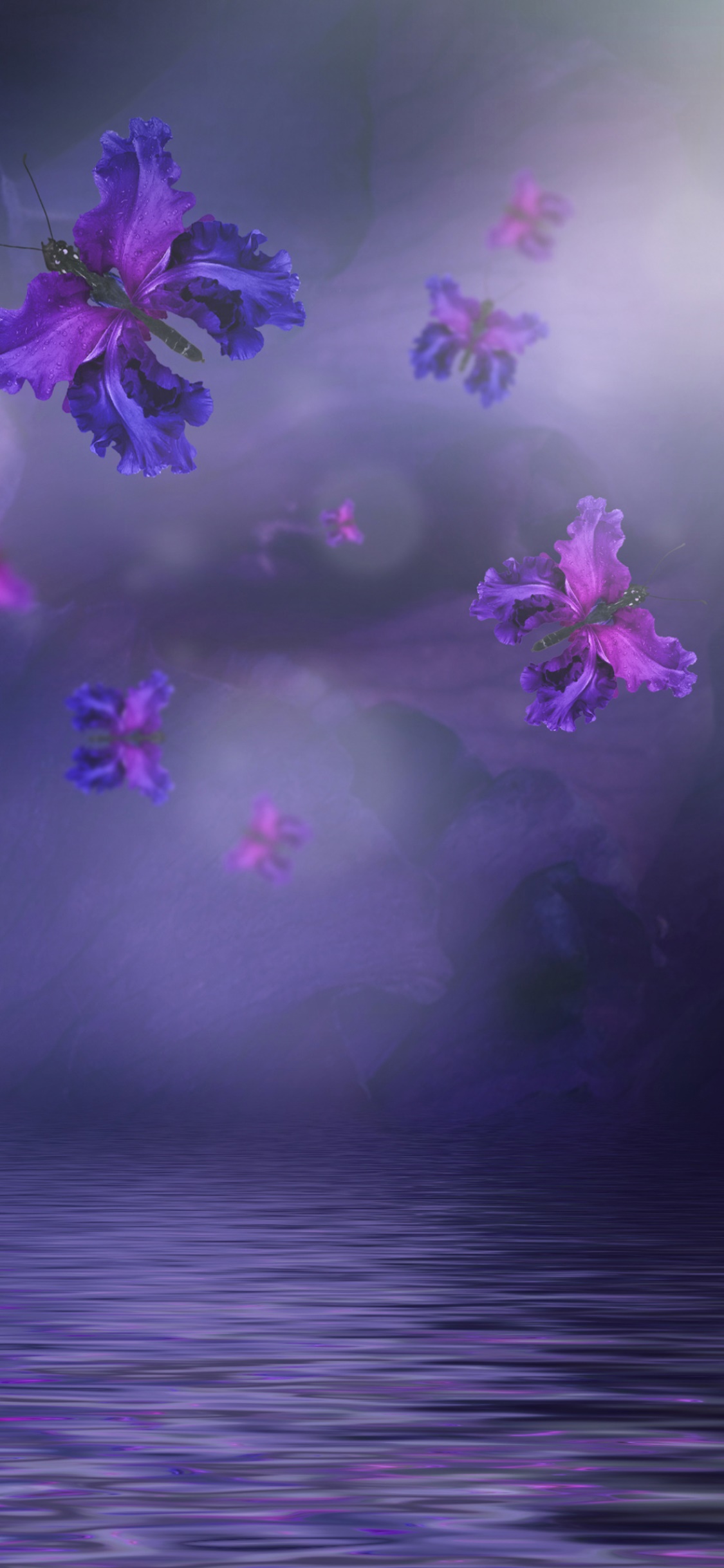 Artistic Butterfly, Flower, Purple, Water, Wings, 1125x2436, Phone HD Wallpaper