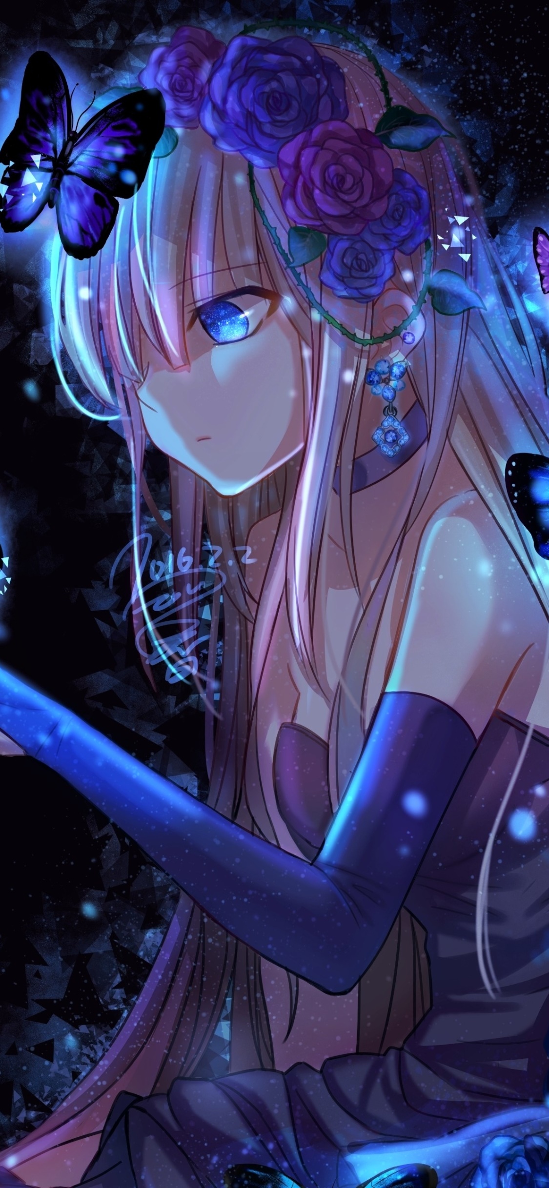 Anime Girl, Butterfly, Blue Eyes, Long Hair, 1125x2436, Phone HD Wallpaper