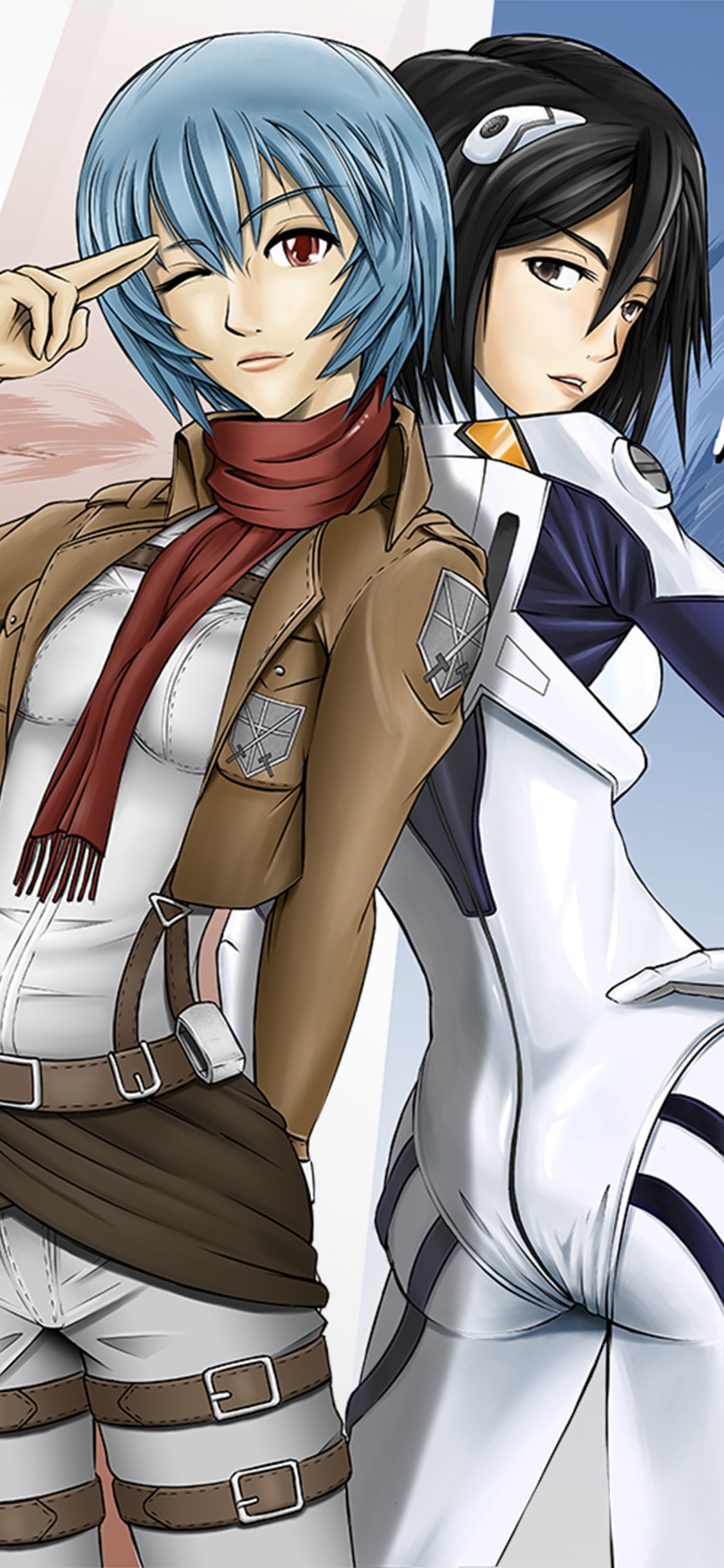 Anime Crossover, Rei Ayanami, Mikasa Ackerman, 1125x2436, Phone HD Wallpaper