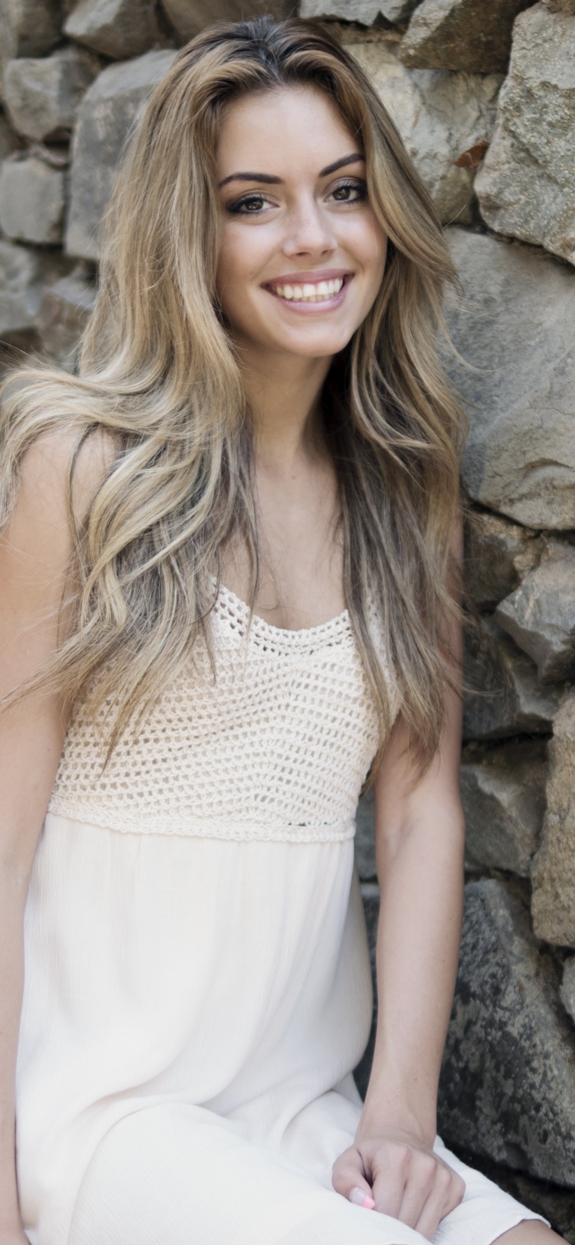 Women Model, Blonde, Brown Eyes, White Dress, Smile, 1125x2436, Phone HD Wallpaper