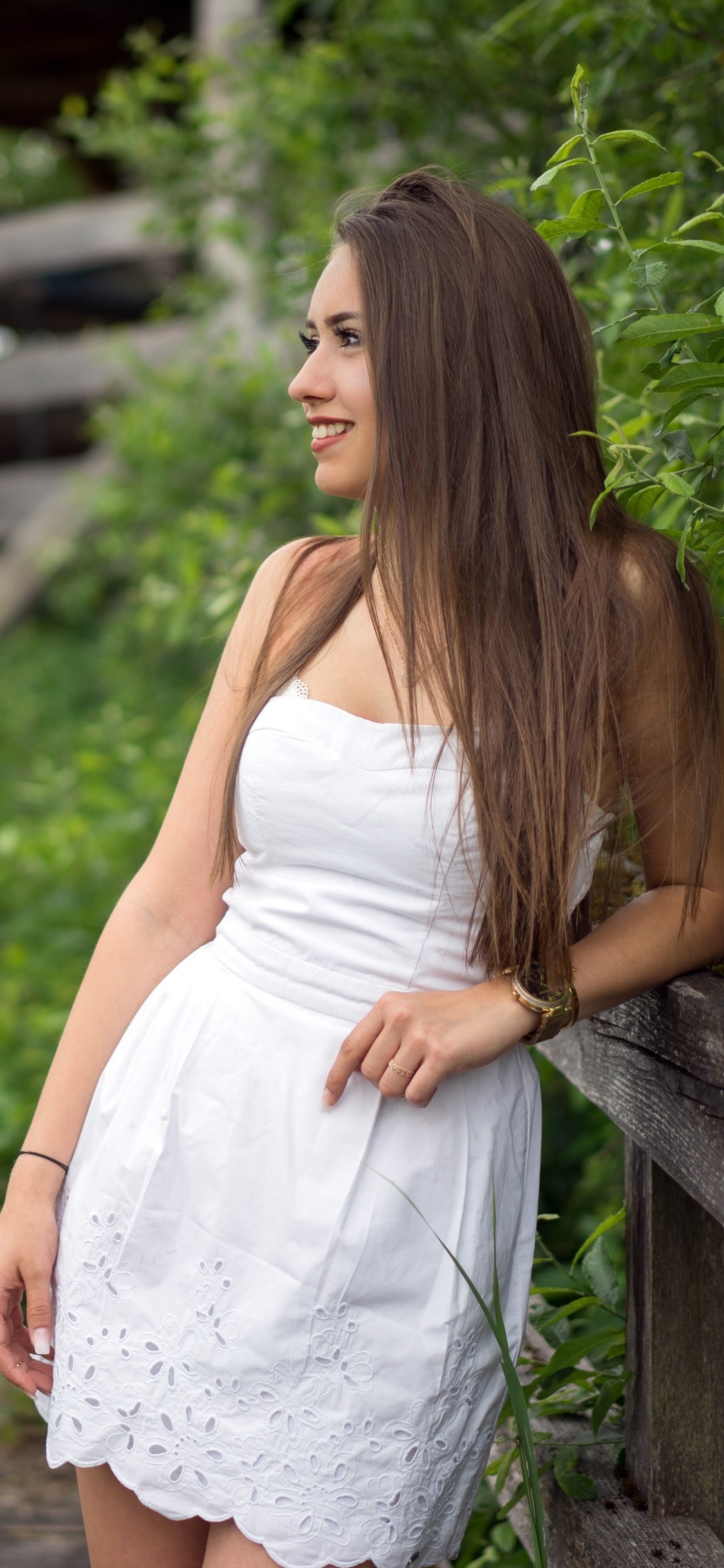 Women Model, Brunette, White Dress, Smile, Depth Of Field, 1125x2436, Phone HD Wallpaper