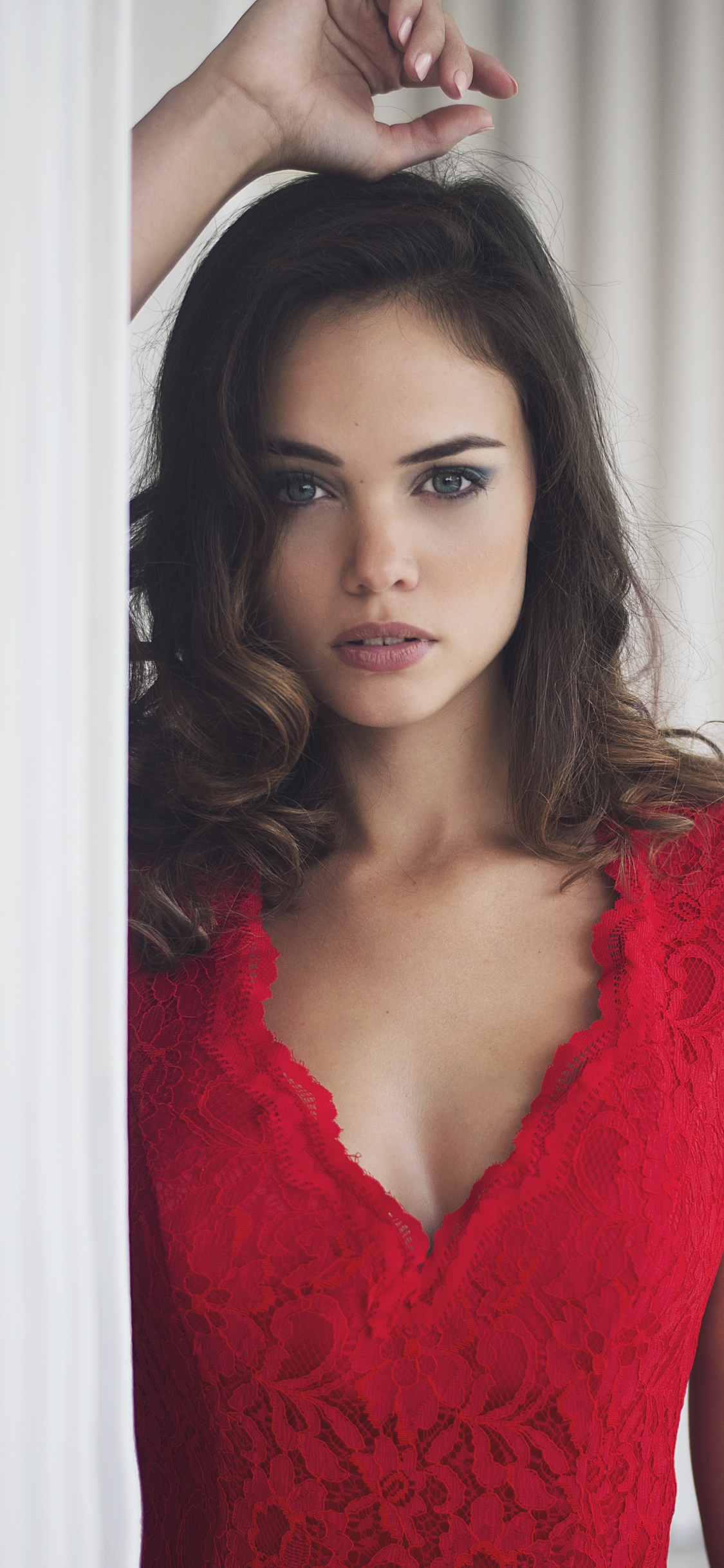 Women Model, Brunette, Red Dress, Green Eyes, 1125x2436, Phone HD Wallpaper