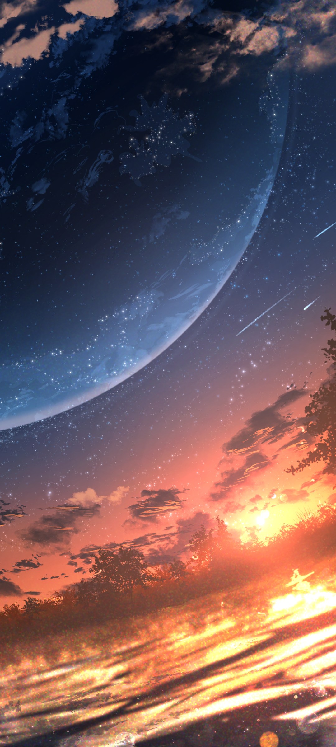 Anime Sunset, Lake, Starry Sky, Planet, Shooting Star, 1080x2400, Phone HD Wallpaper