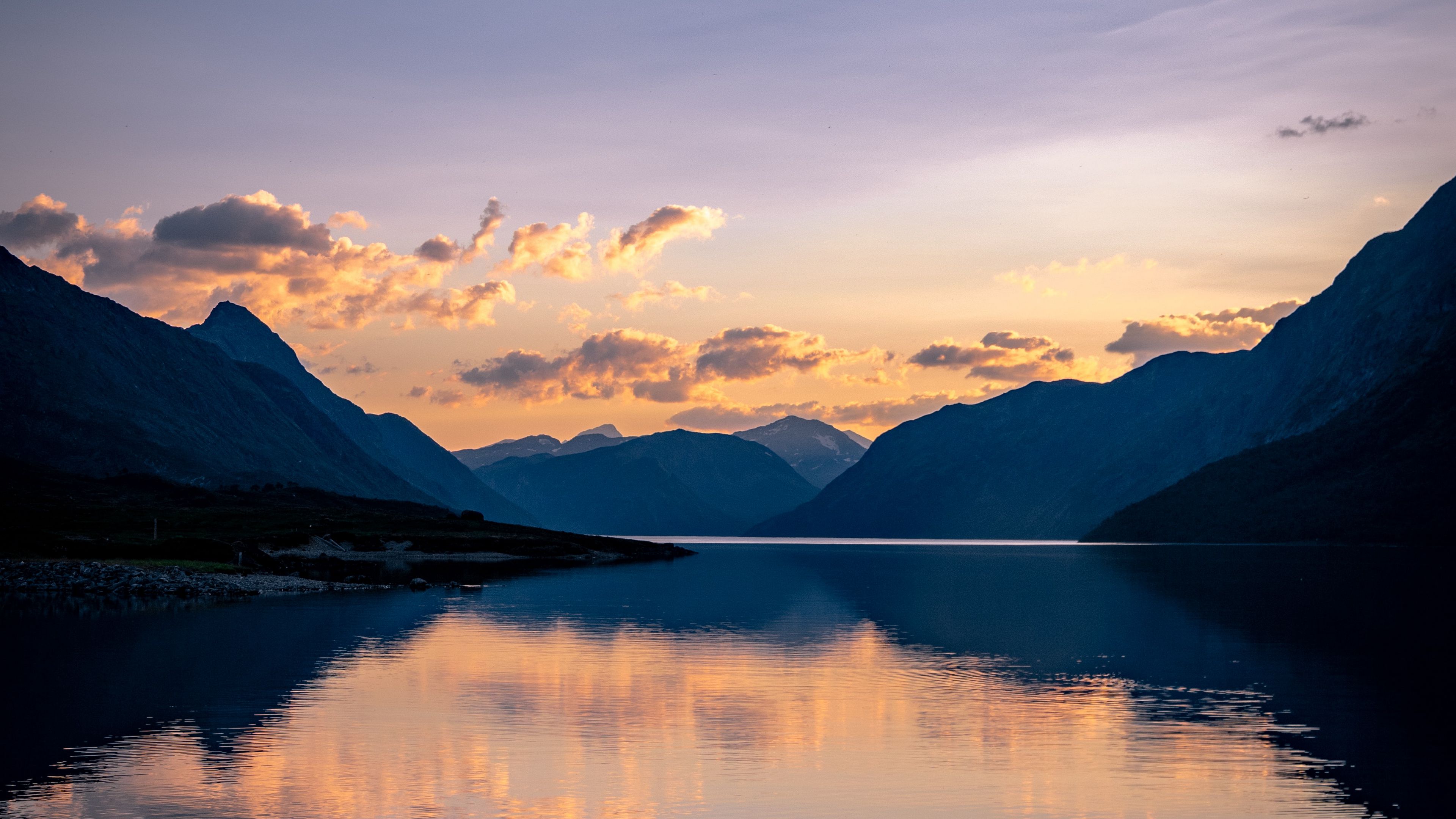 mountains, lake, sunset, shore, horizon, 4k, HD Wallpaper