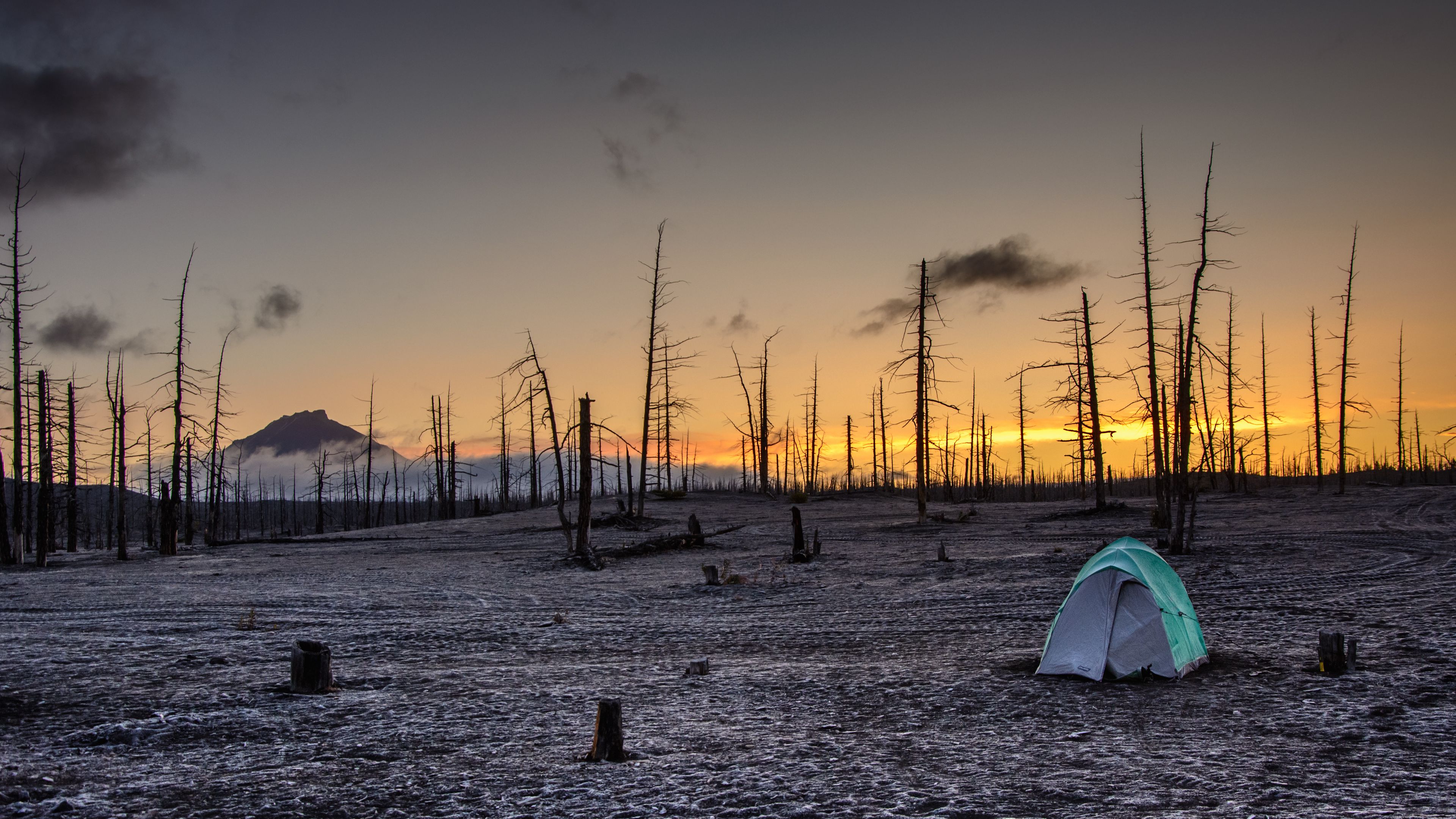 sunset, tent, horizon, 4k, HD Wallpaper