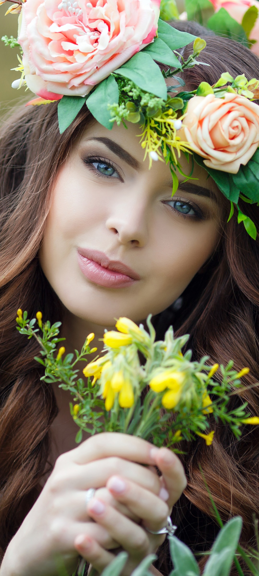 Women Model, Wreath, Brunette, Blue Eyes, Flower, 1080x2400, Phone HD Wallpaper