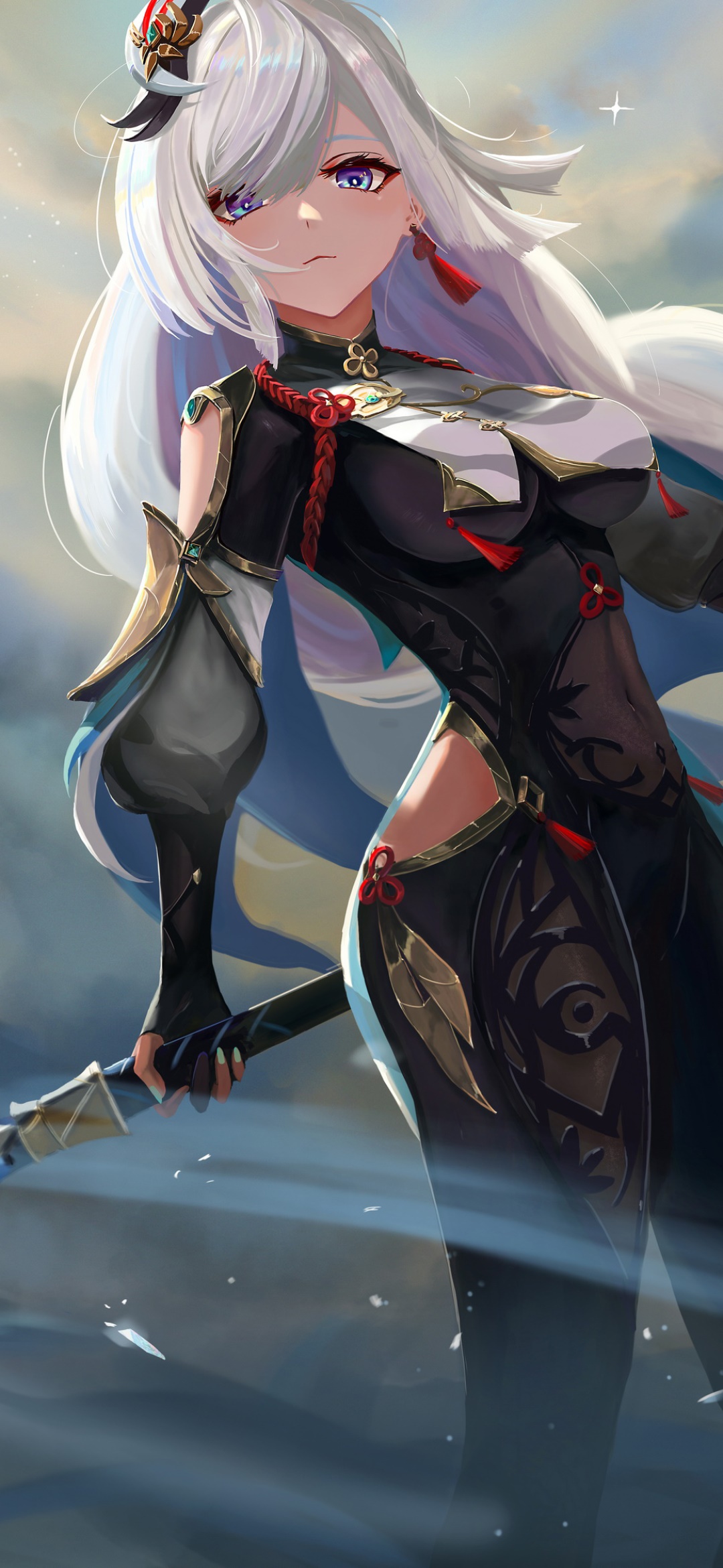 Wallpaper ID: 358890 / Video Game Genshin Impact Phone Wallpaper, Long Hair,  Blue Eyes, Shenhe (Genshin Impact), White Hair, 1080x2340 free download