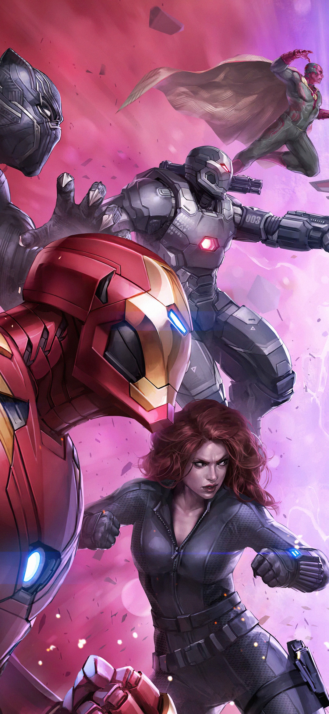 Video Game Marvel: Future Fight, Black Panther (Marvel Comics), Black Widow, War Machine, Iron Man, Vision (Marvel Comics), 1080x2340, Phone HD Wallpaper