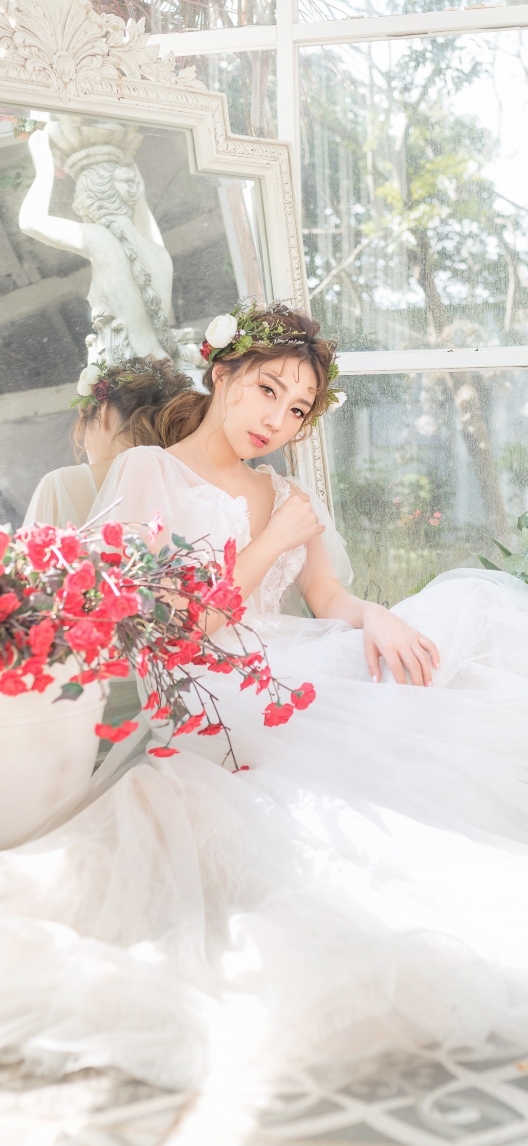 Women Bride, Brunette, Asian, Model, Wedding Dress, Mirror, 1080x2340, Phone HD Wallpaper