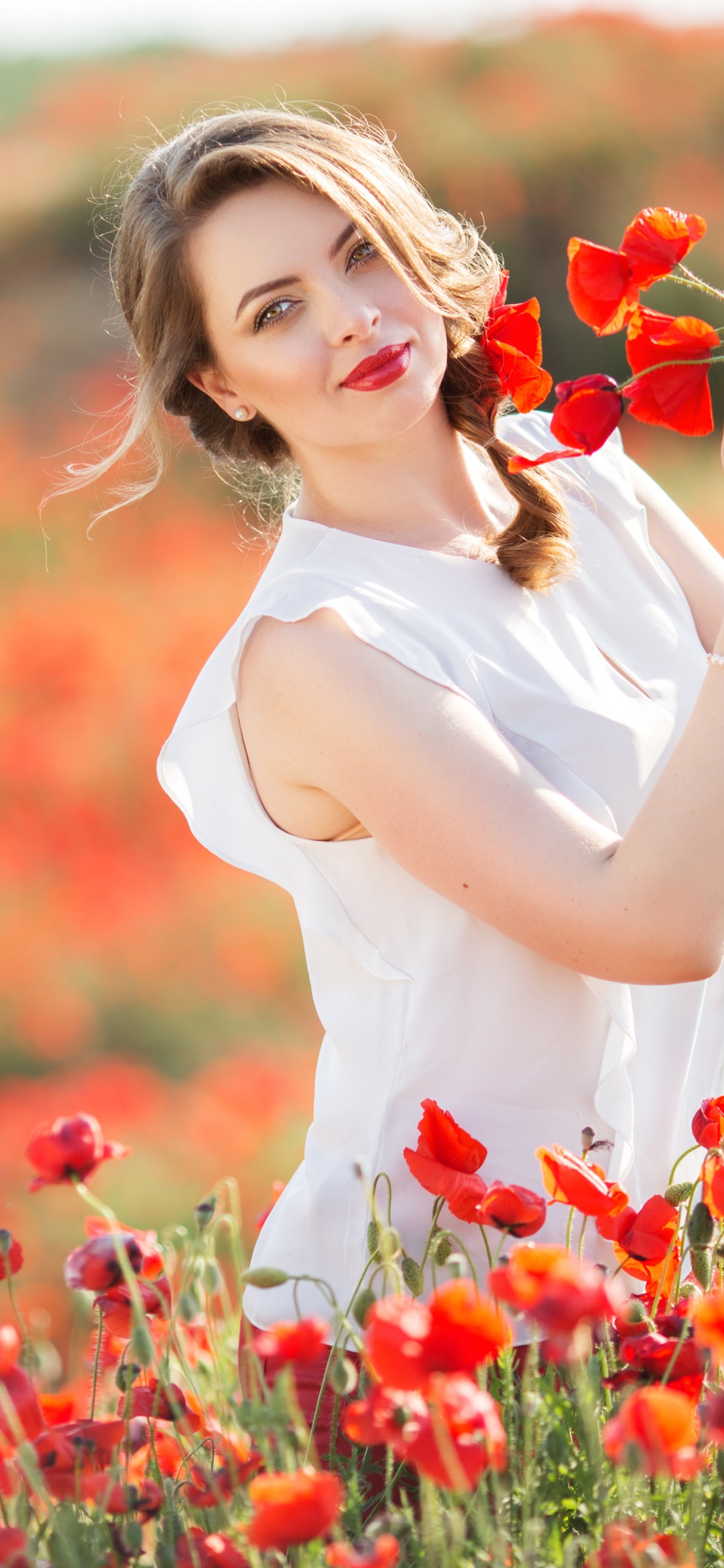 Women Model, Braid, Flower, Poppy, Lipstick, Blonde, 1080x2340, Phone HD Wallpaper