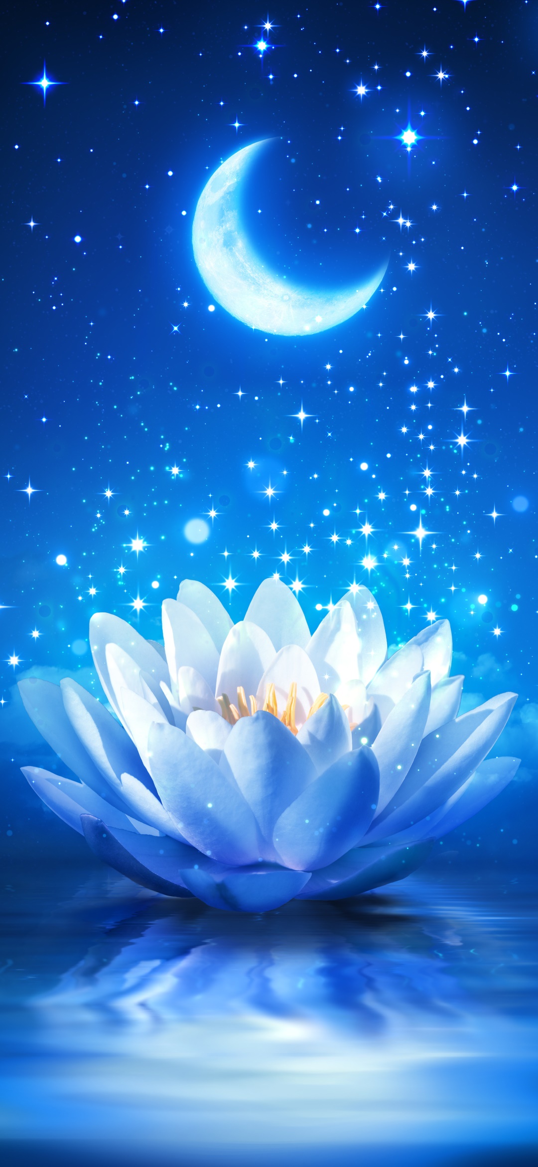 Artistic Flower, Stars, Reflection, Night, Moon, Sparkles, 1080x2340, Phone HD Wallpaper