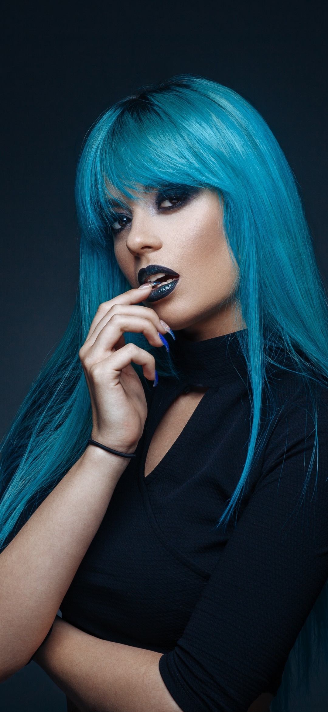 Women Model, Lipstick, Blue Hair, 1080x2340, Phone HD Wallpaper