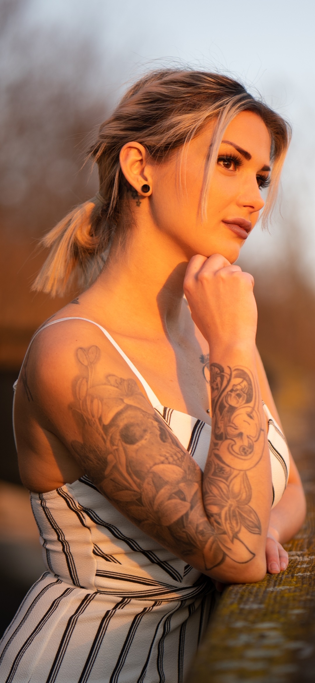 Women Tattoo, Model, Brown Eyes, Blonde, 1080x2340, Phone HD Wallpaper