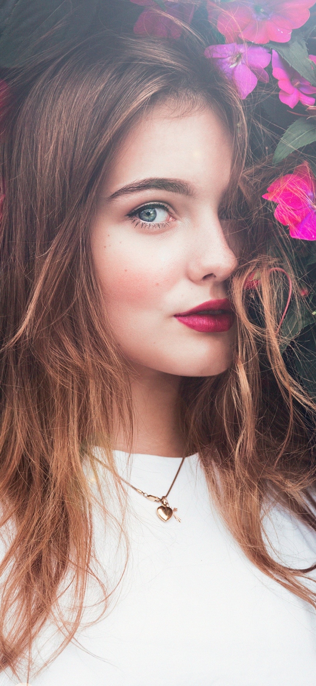 Women Model, Lipstick, Redhead, Flower, Blue Eyes, 1080x2340, Phone HD Wallpaper