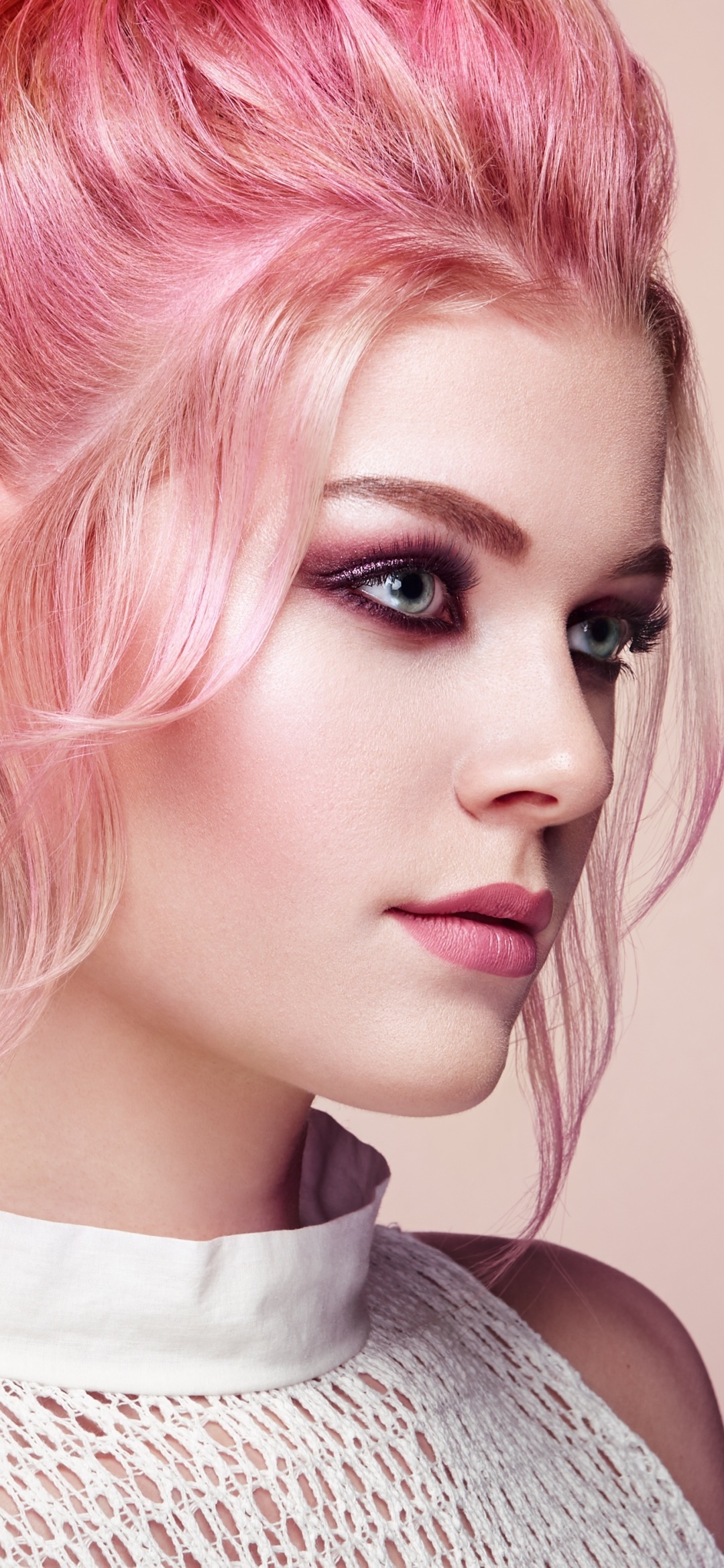 Women Model, Pink Hair, Lipstick, Blue Eyes, 1080x2340, Phone HD Wallpaper