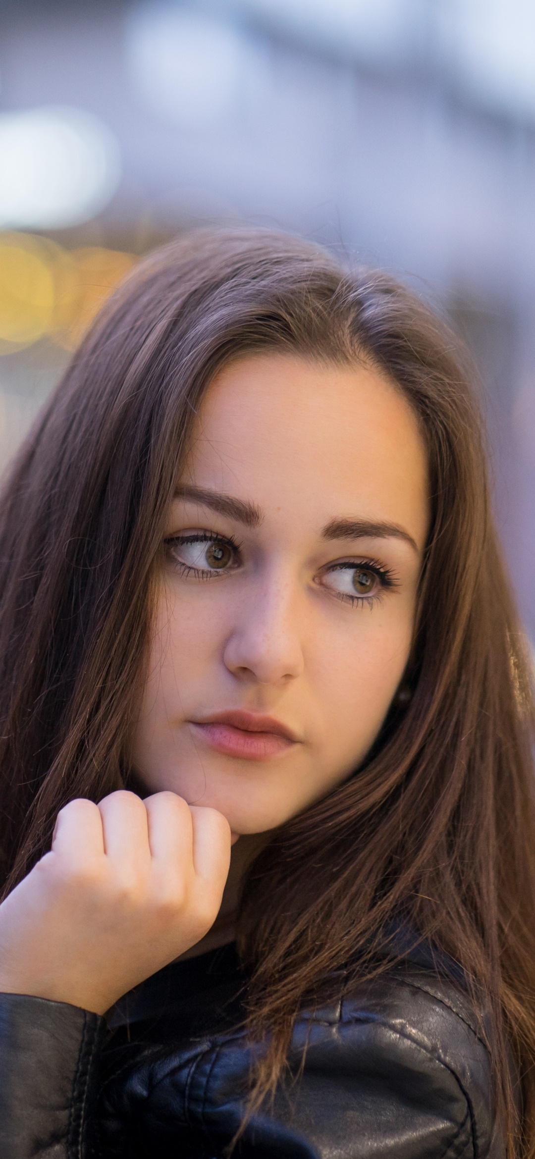 Women Model, Brunette, Hazel Eyes, Face, Bokeh, 1080x2340, Phone HD Wallpaper