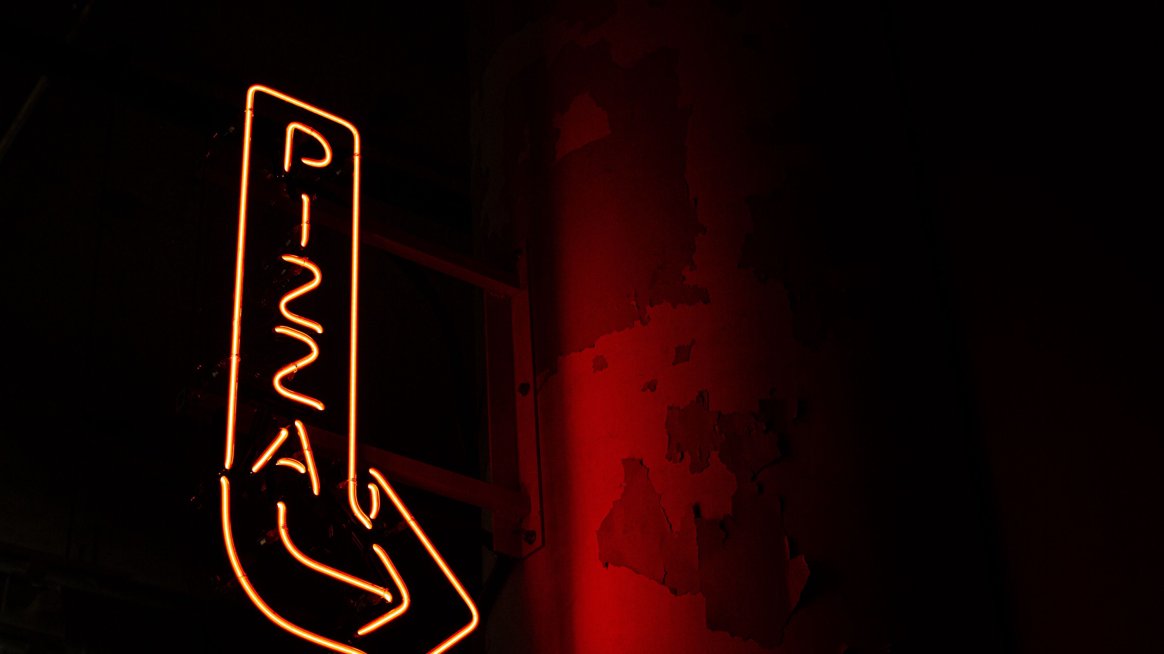 pizza, pointer, neon, words, inscription, 4k, HD Wallpaper