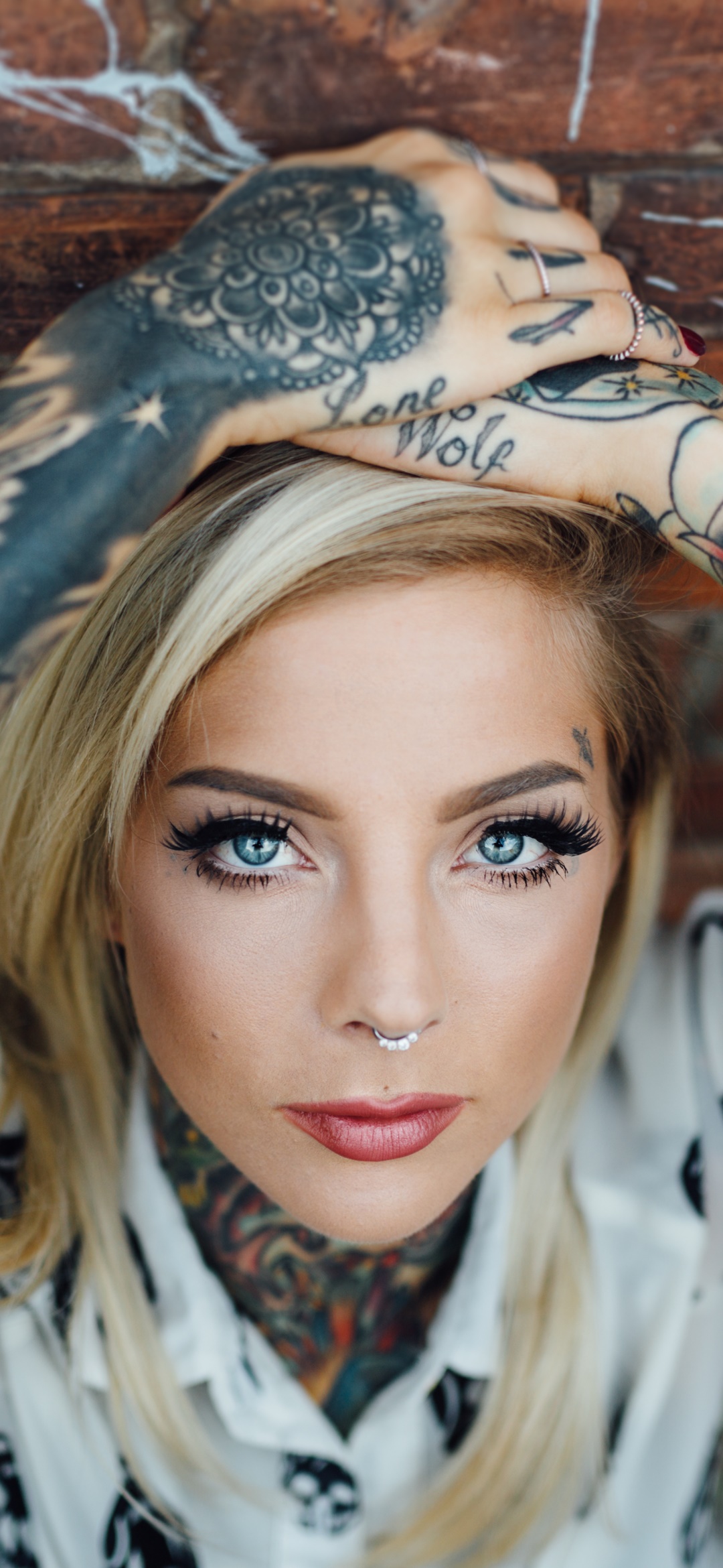 Women Tattoo, Model, Blonde, Blue Eyes, 1080x2340, Phone HD Wallpaper