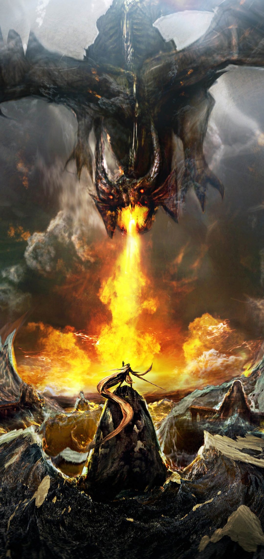 Fantasy Dragon, Warrior, Fire, 1080x2280, Phone HD Wallpaper
