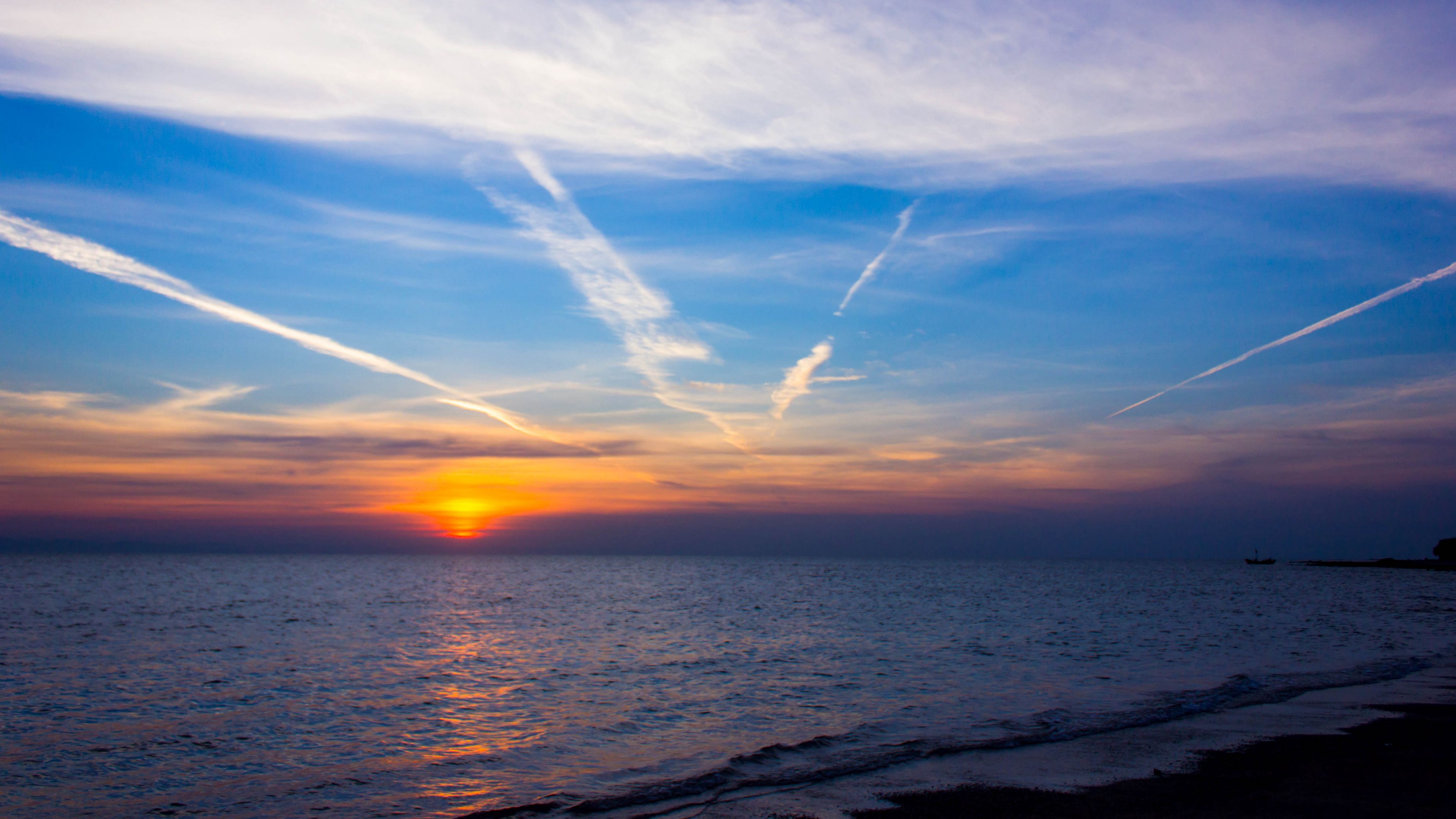 sunset, horizon, sun, sea, clouds, waves, 4k, HD Wallpaper