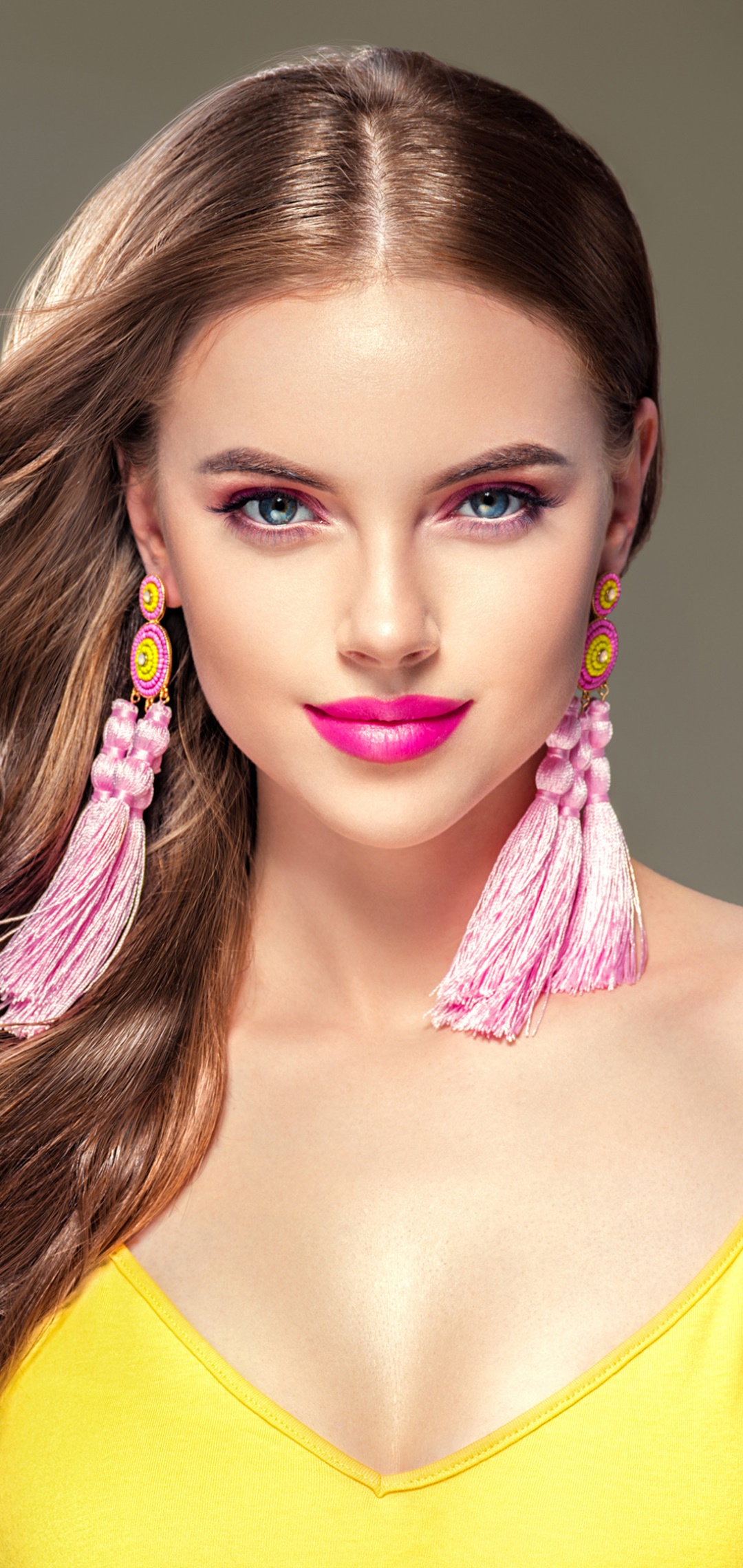 Women Model, Long Hair, Lipstick, Blue Eyes, Brunette, Earrings, 1080x2280, Phone HD Wallpaper