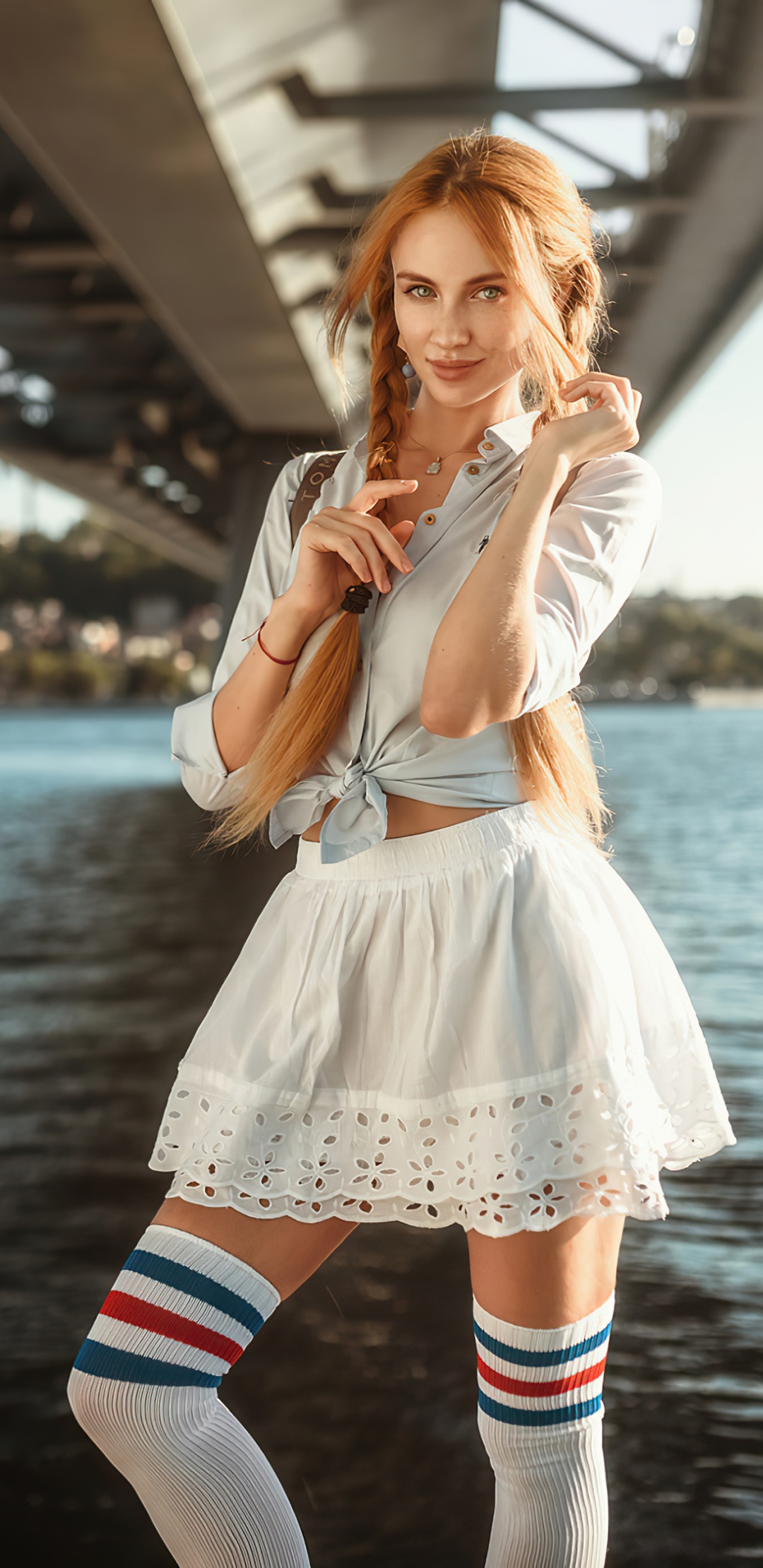 Women Model, Depth Of Field, Braid, Redhead, Skirt, 1080x2220, Phone HD Wallpaper