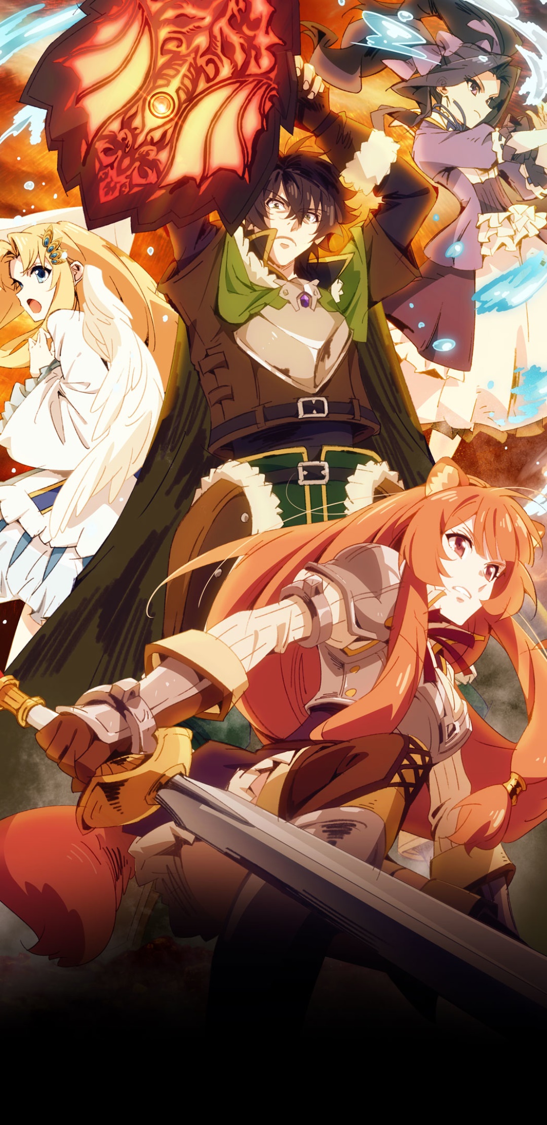Anime The Rising of the Shield Hero, Tate No Yuusha No Nariagari, Filo (The Rising Of The Shield Hero), Raphtalia (The Rising Of The Shield Hero), Naofumi Iwatani, Melty Q Melromarc, 1080x2220, Phone HD Wallpaper
