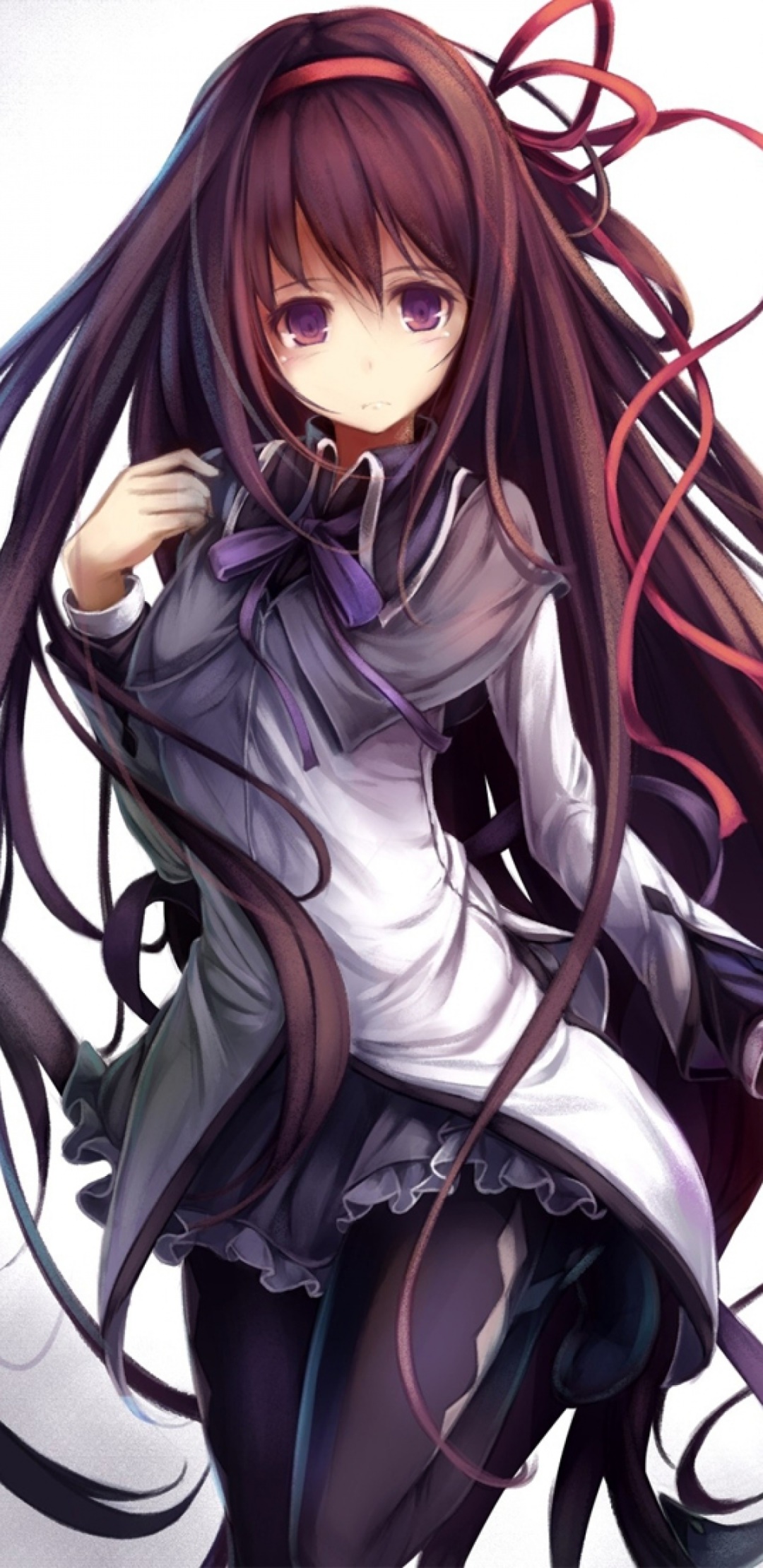 Anime Puella Magi Madoka Magica, Homura Akemi, Black Hair, School Uniform, Long Hair, 1080x2220, Phone HD Wallpaper