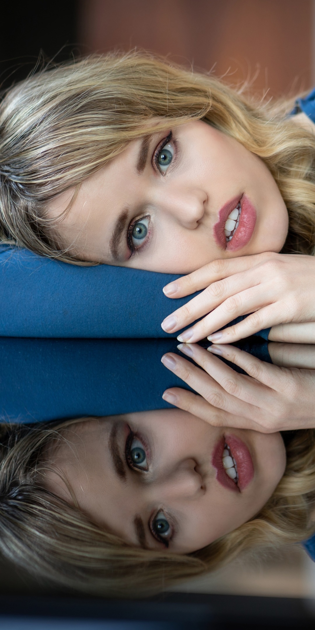 Women Model, Blue Eyes, Reflection, Blonde, 1080x2160, Phone HD Wallpaper
