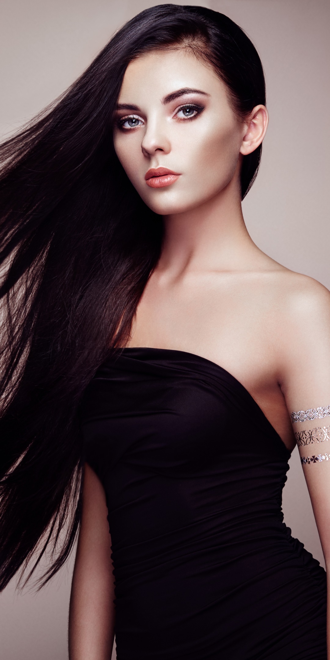 Women Model, Black Dress, Black Hair, Long Hair, 1080x2160, Phone HD Wallpaper