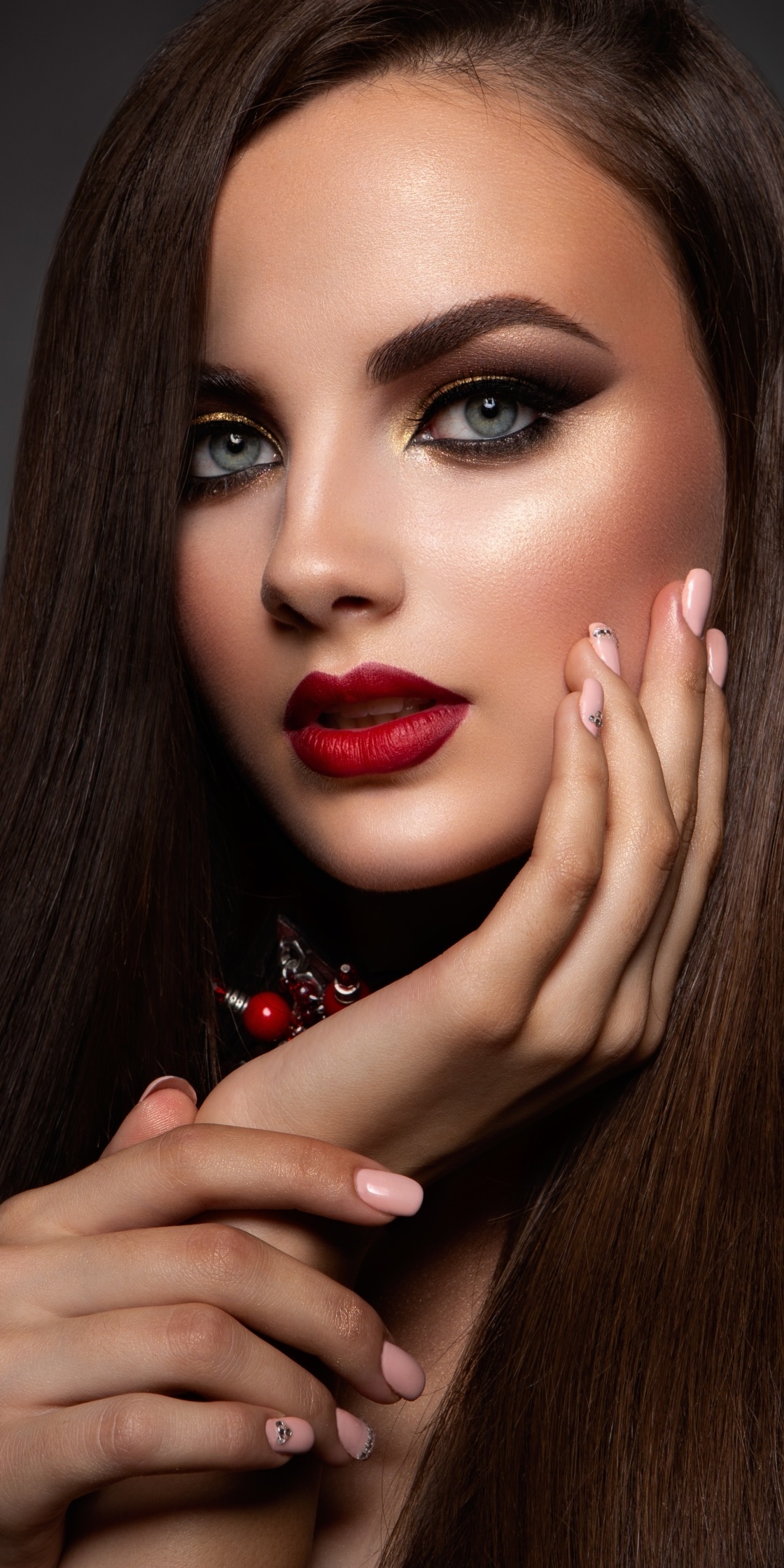 Women Model, Lipstick, Long Hair, Brunette, Blue Eyes, 1080x2160, Phone HD Wallpaper