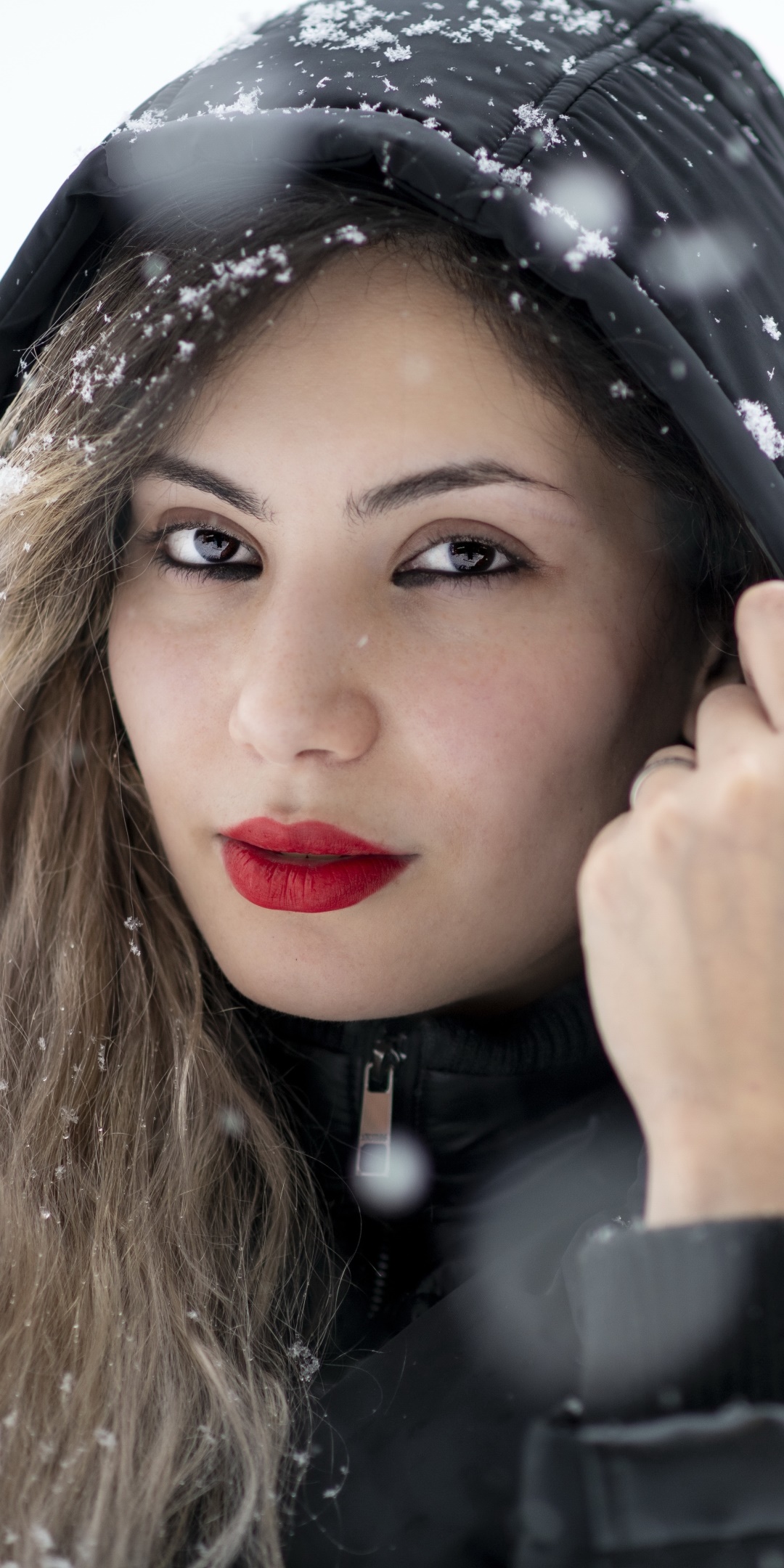 Women Model, Brown Eyes, Brunette, Hood, Lipstick, Winter, 1080x2160, Phone HD Wallpaper