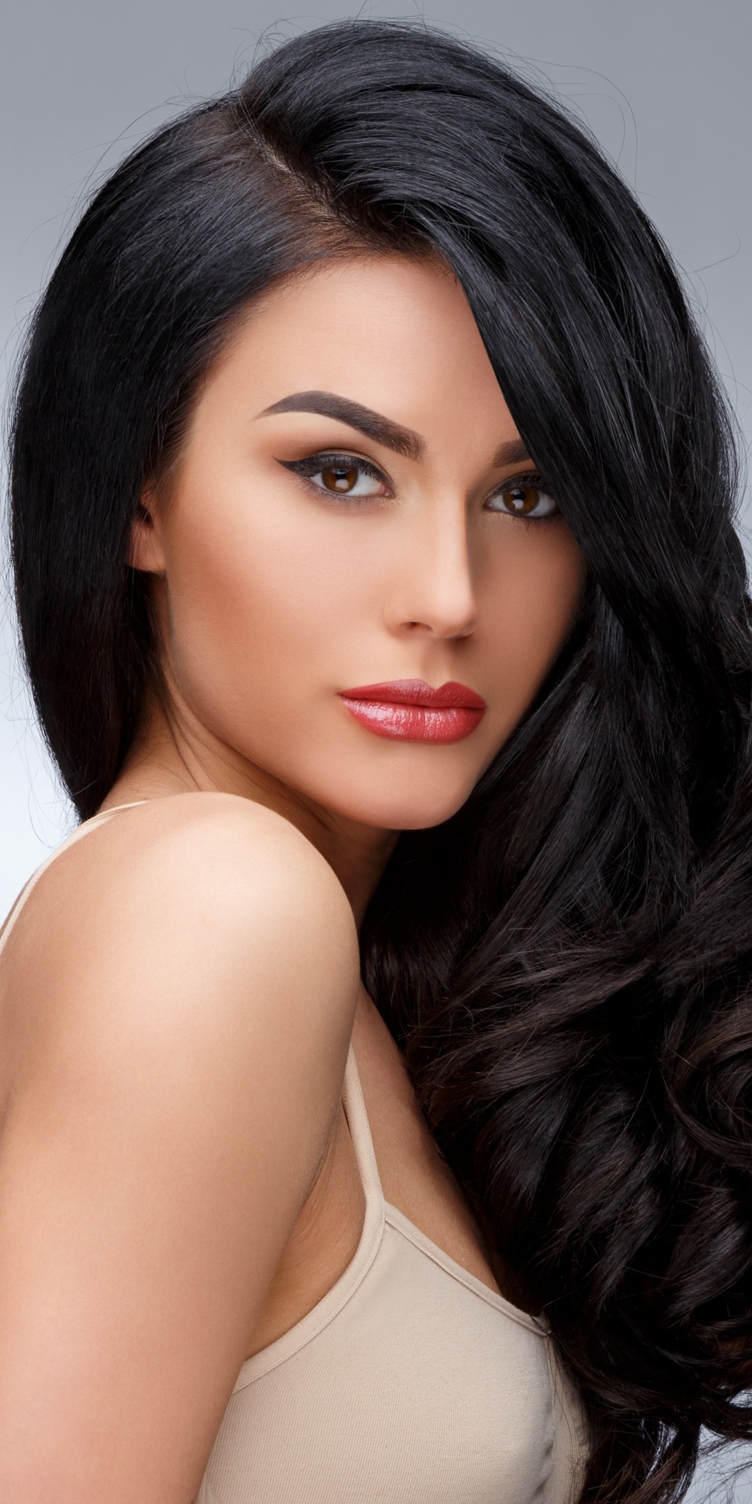 Women Model, Long Hair, Black Hair, Brown Eyes, 1080x2160, Phone HD Wallpaper