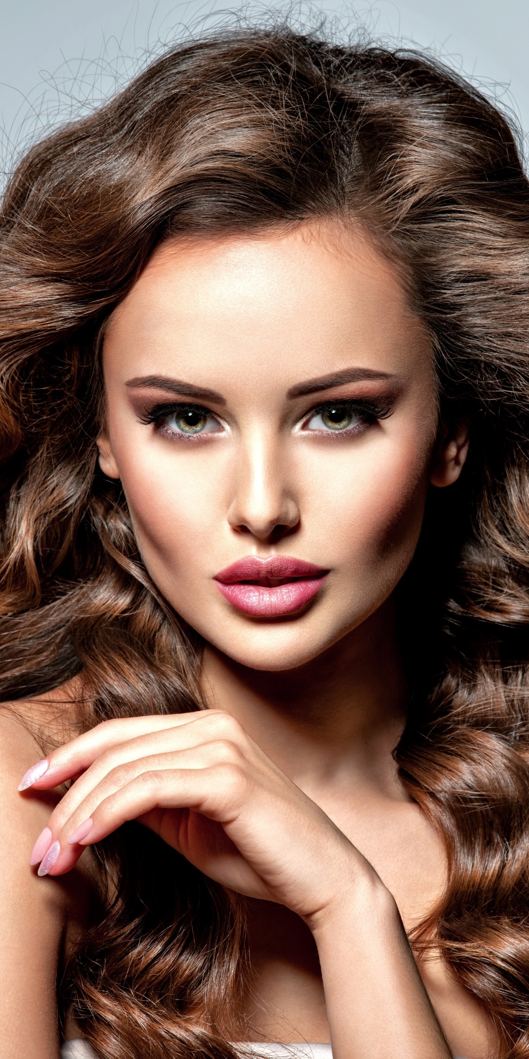 Women Model, Brunette, Face, Long Hair, Blue Eyes, Lipstick, 1080x2160, Phone HD Wallpaper