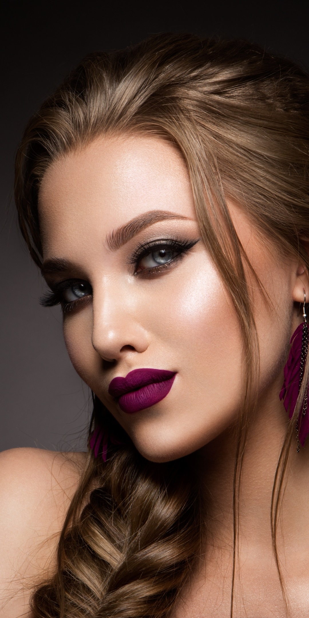 Women Model, Lipstick, Earrings, Braid, Blue Eyes, Brunette, 1080x2160, Phone HD Wallpaper