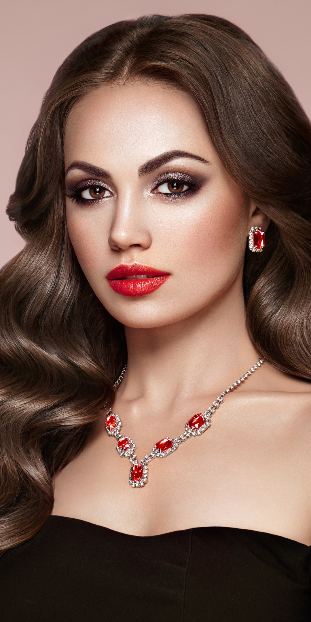 Women Model, Brunette, Necklace, Lipstick, Long Hair, Brown Eyes, 1080x2160, Phone HD Wallpaper